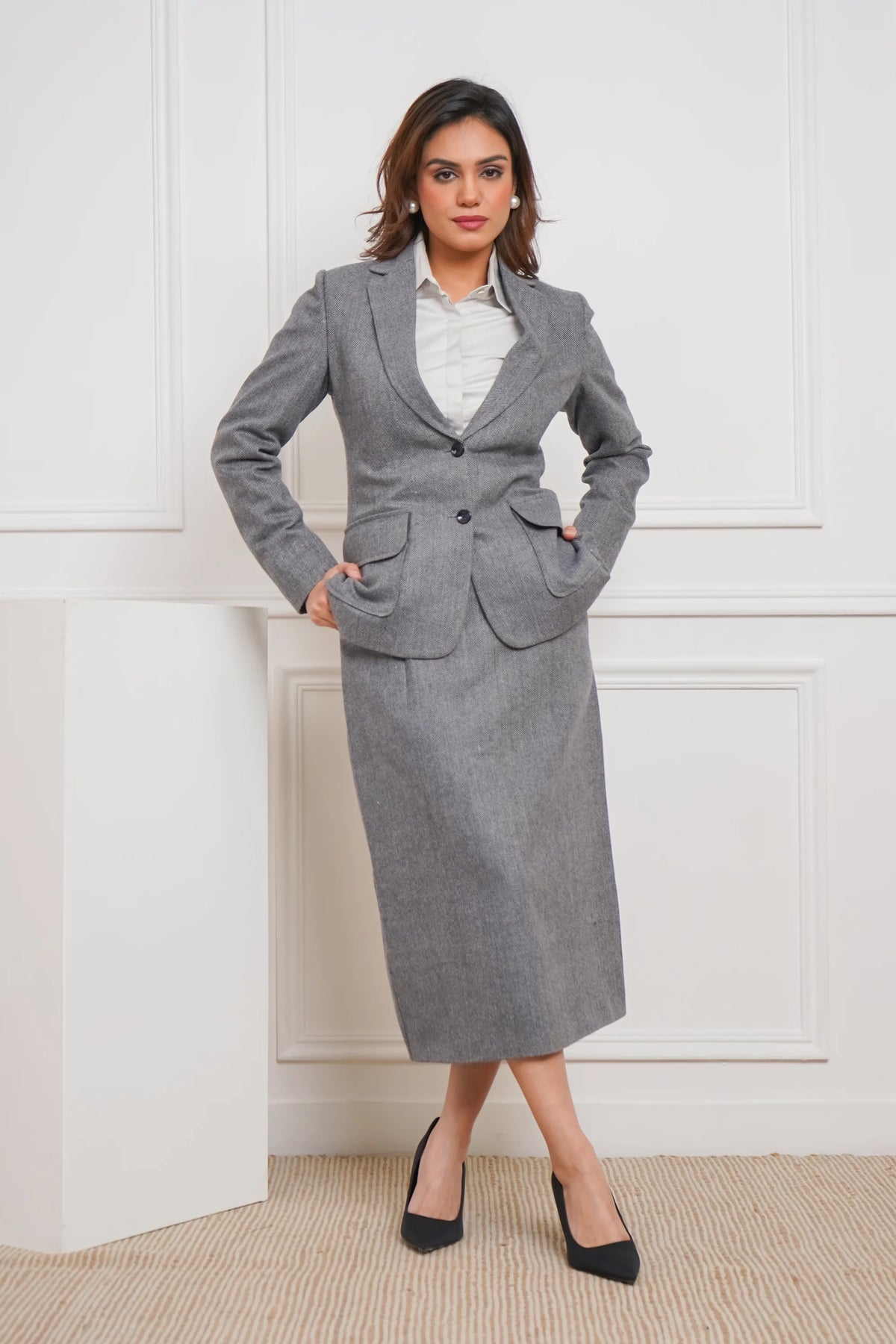 Power Play in Herringbone Gray Blazer with Skirt Set