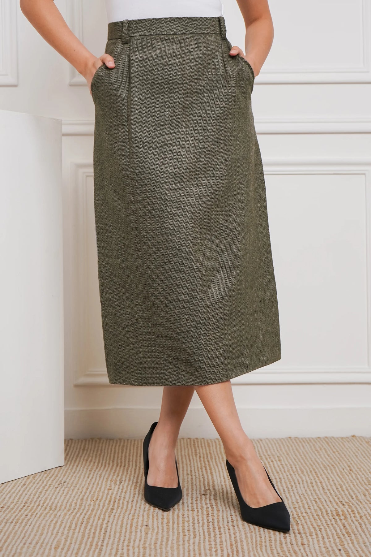 Power Play in Herringbone Olive Green Blazer with Skirt Set