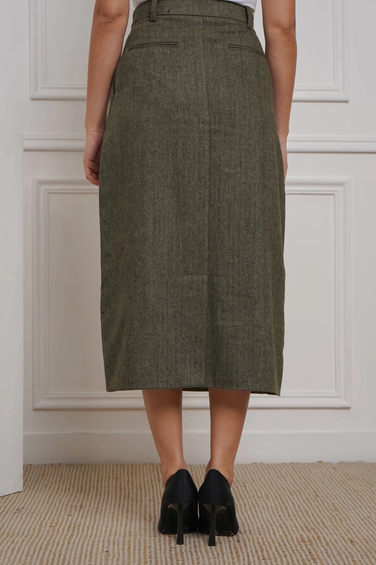 Power Play in Herringbone Olive Green Blazer with Skirt Set