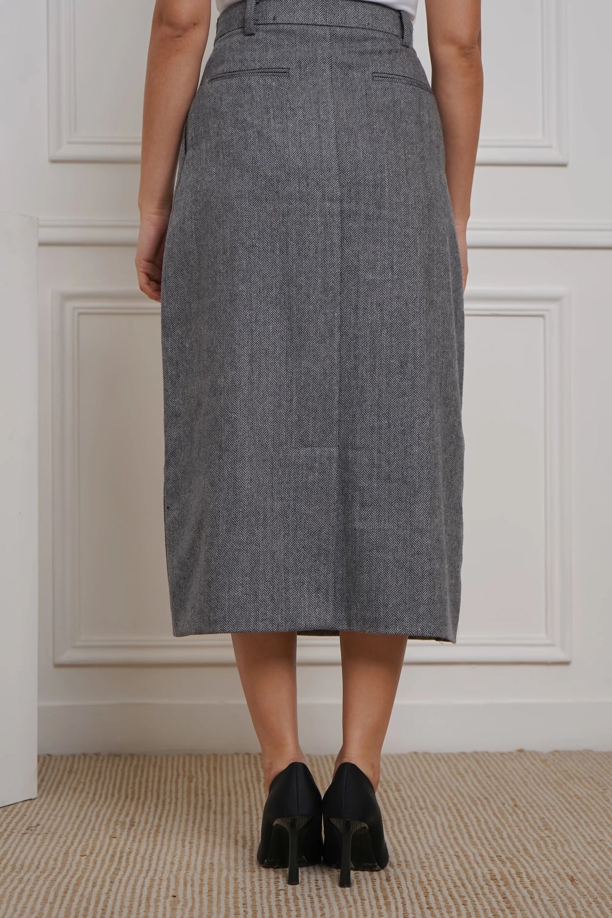 Power Play in Herringbone Gray Blazer with Skirt Set