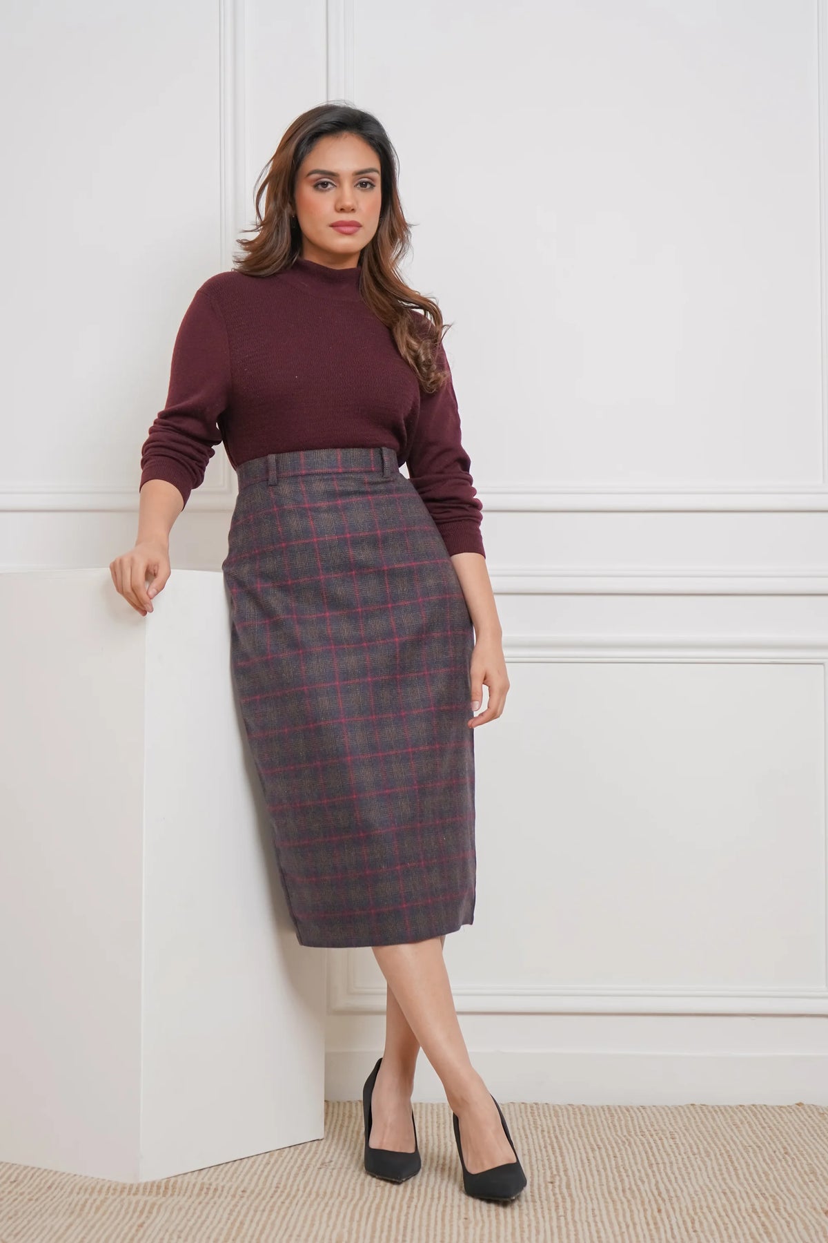 Midnight Grid, Wool Pencil Skirt