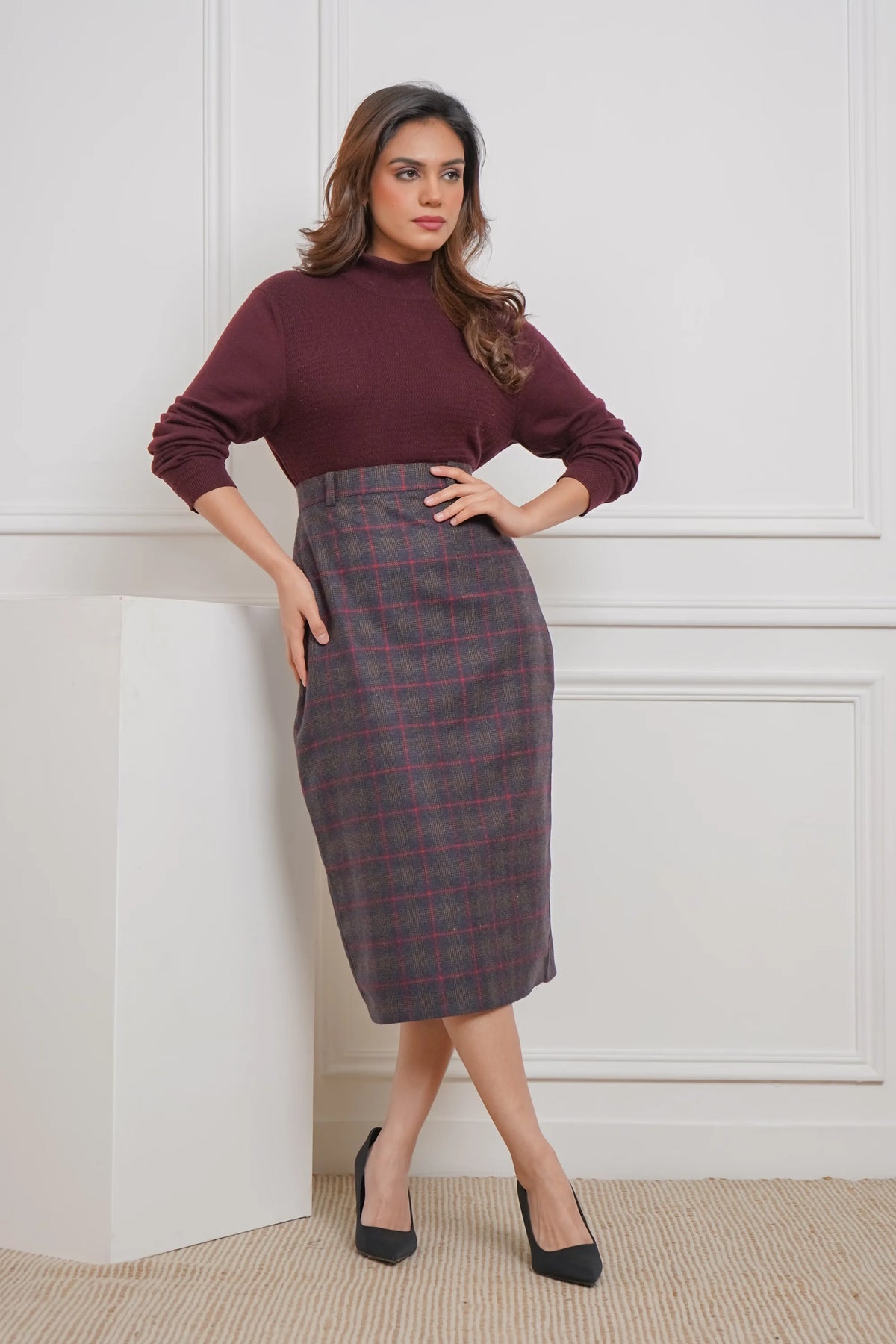 Midnight Grid, Wool Pencil Skirt