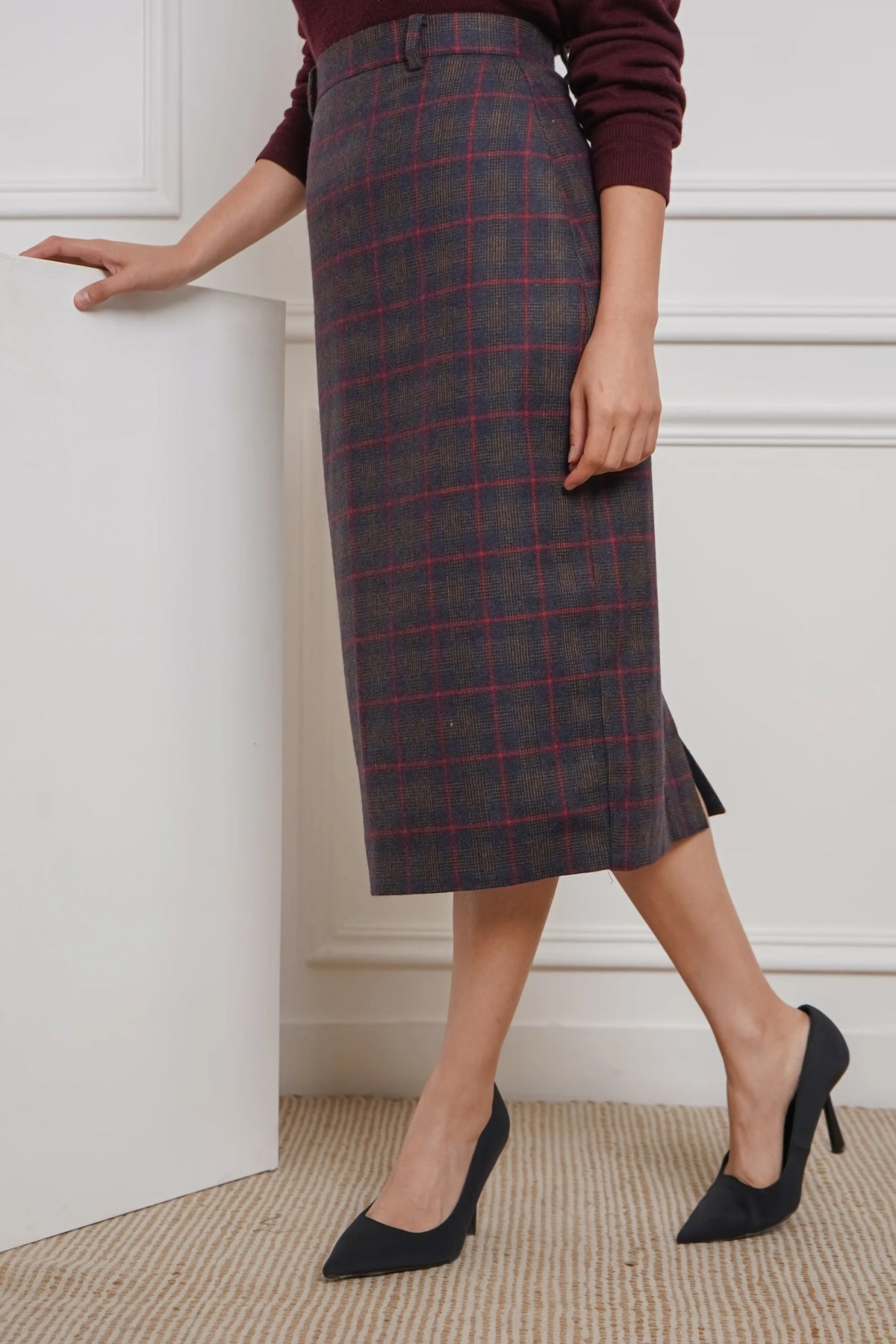 Midnight Grid, Wool Pencil Skirt