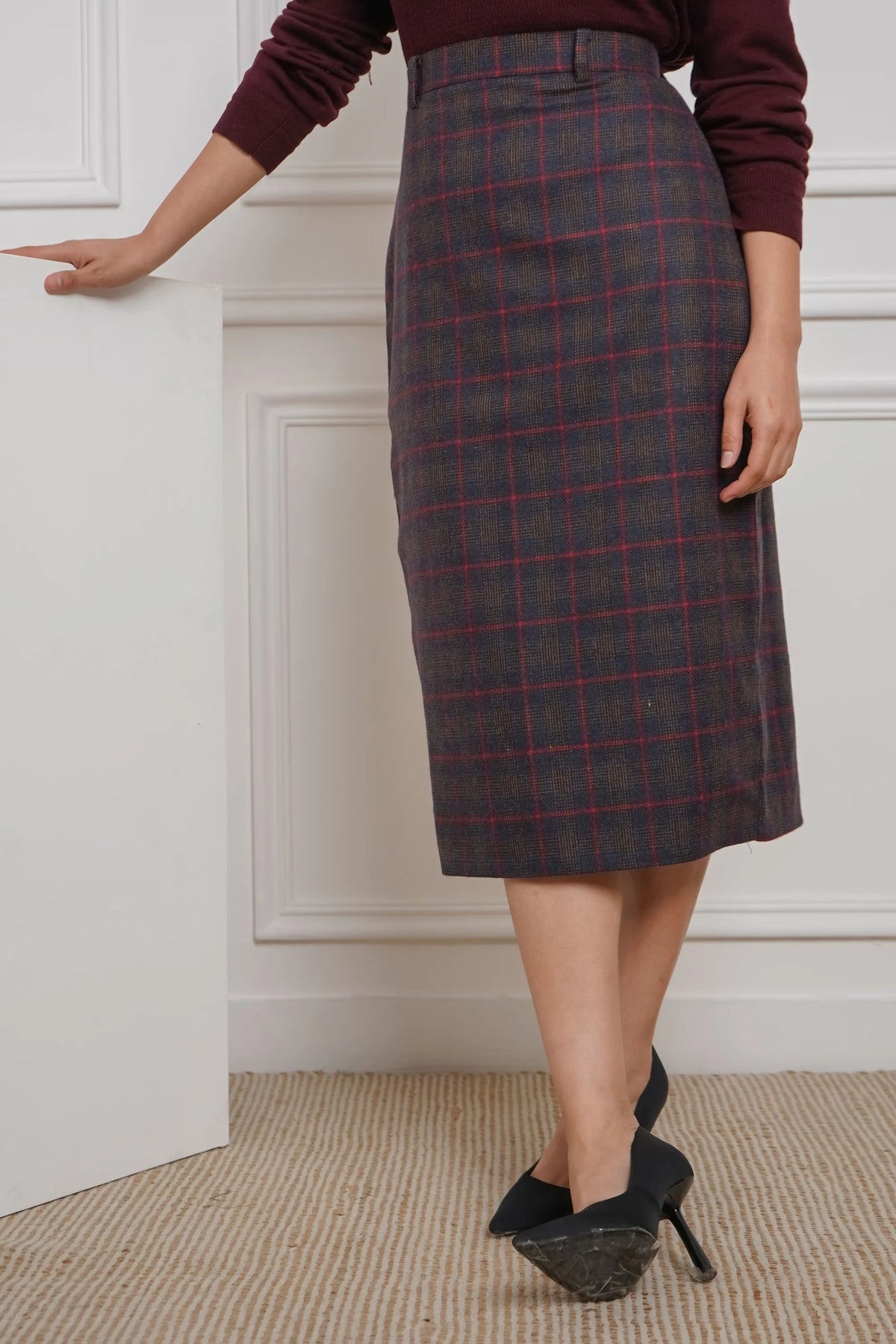 Midnight Grid, Wool Pencil Skirt