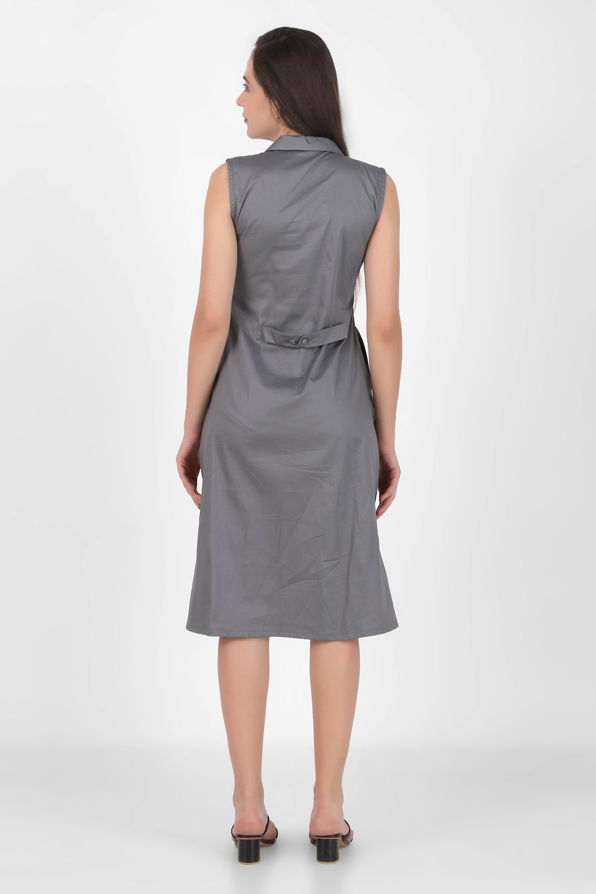 Lapel Grace Calf-Length Dress, Dark Gray