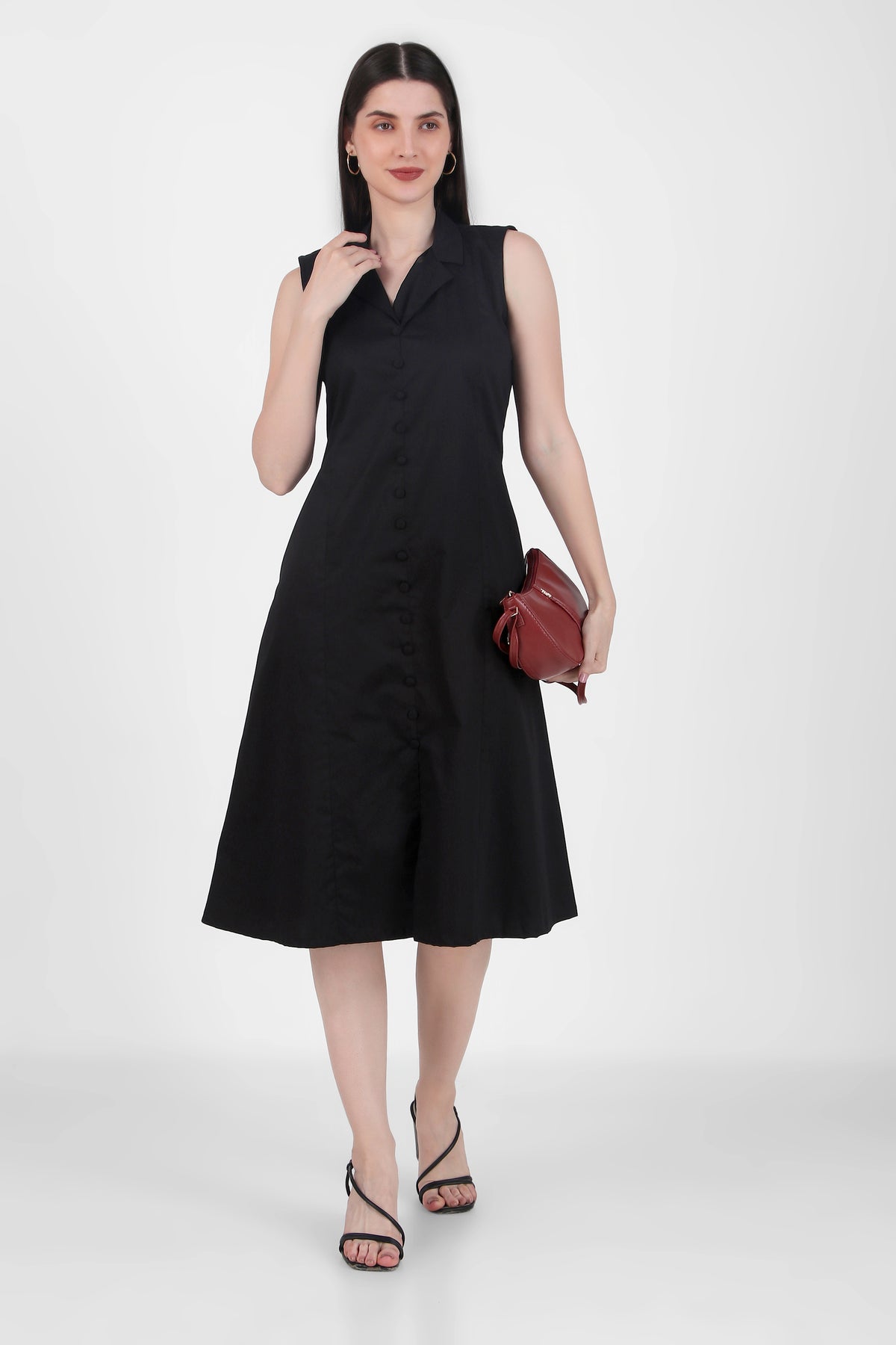 Lapel Grace Calf-Length Dress, Black Charcoal Threads Lapel Grace Calf-Length Dress, Black Charcoal Threads