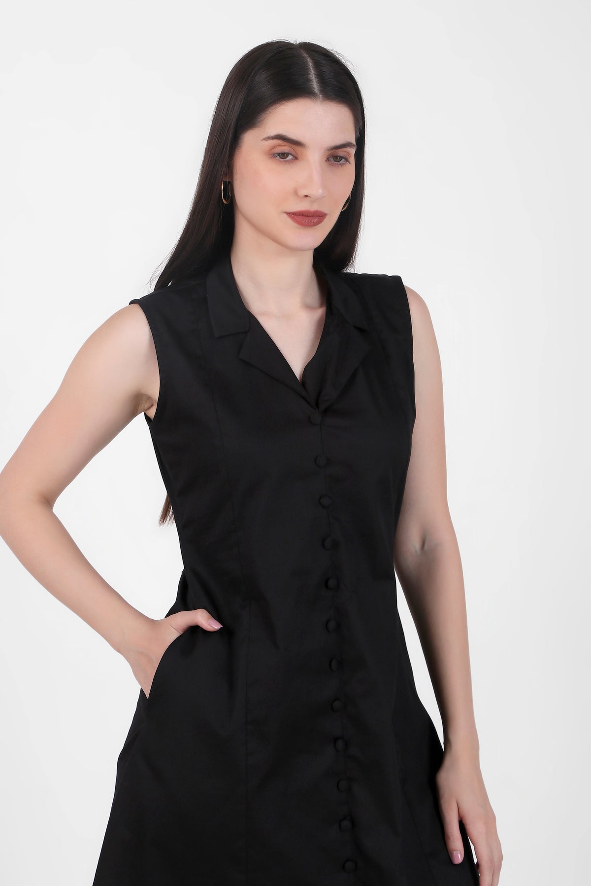 Lapel Grace Calf-Length Dress, Black Charcoal Threads Lapel Grace Calf-Length Dress, Black Charcoal Threads