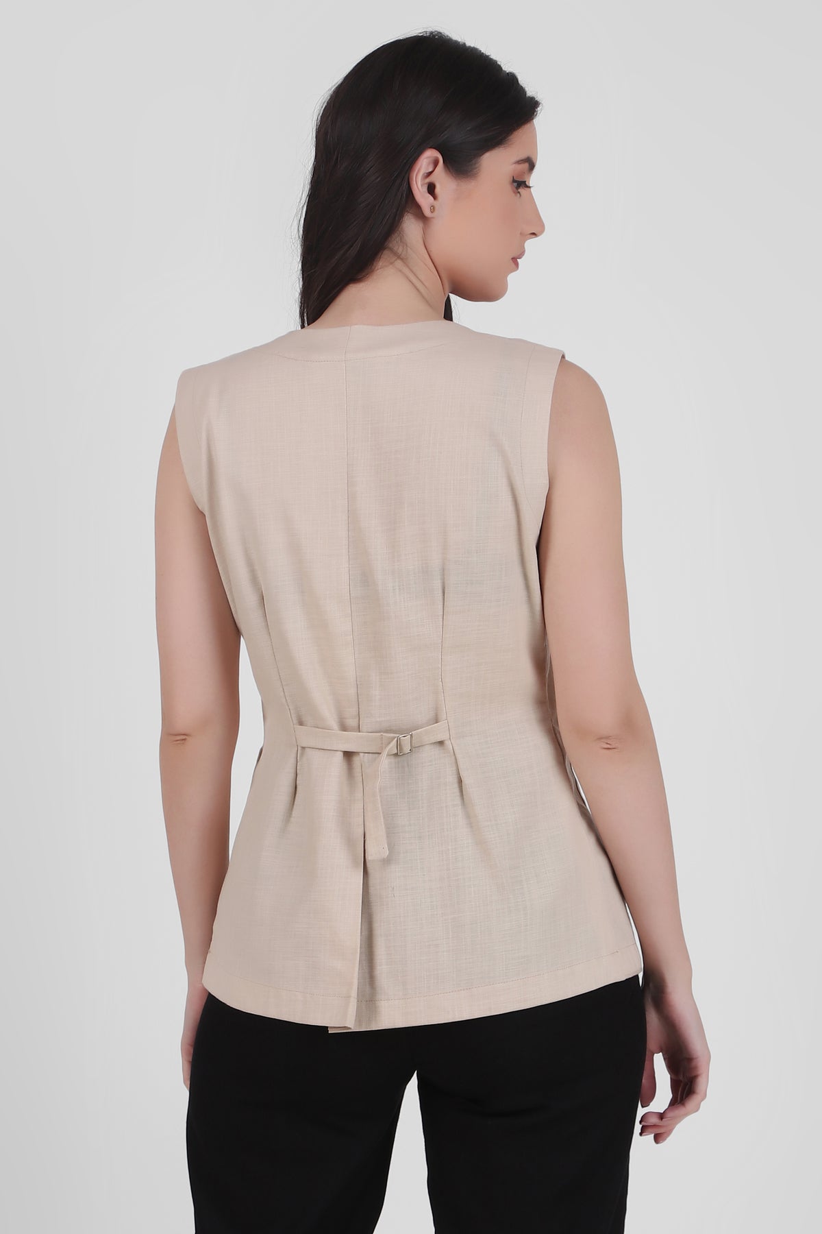 Breathable Linen Blend Vest Button-Up Top, Beige