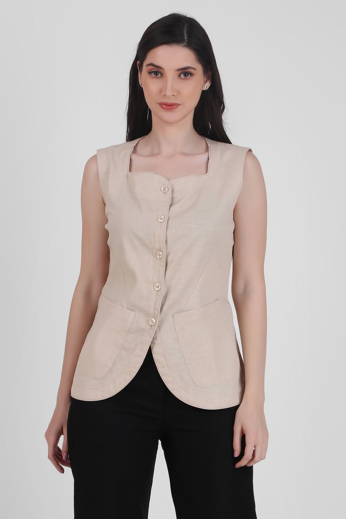 Breathable Linen Blend Vest Button-Up Top, Beige