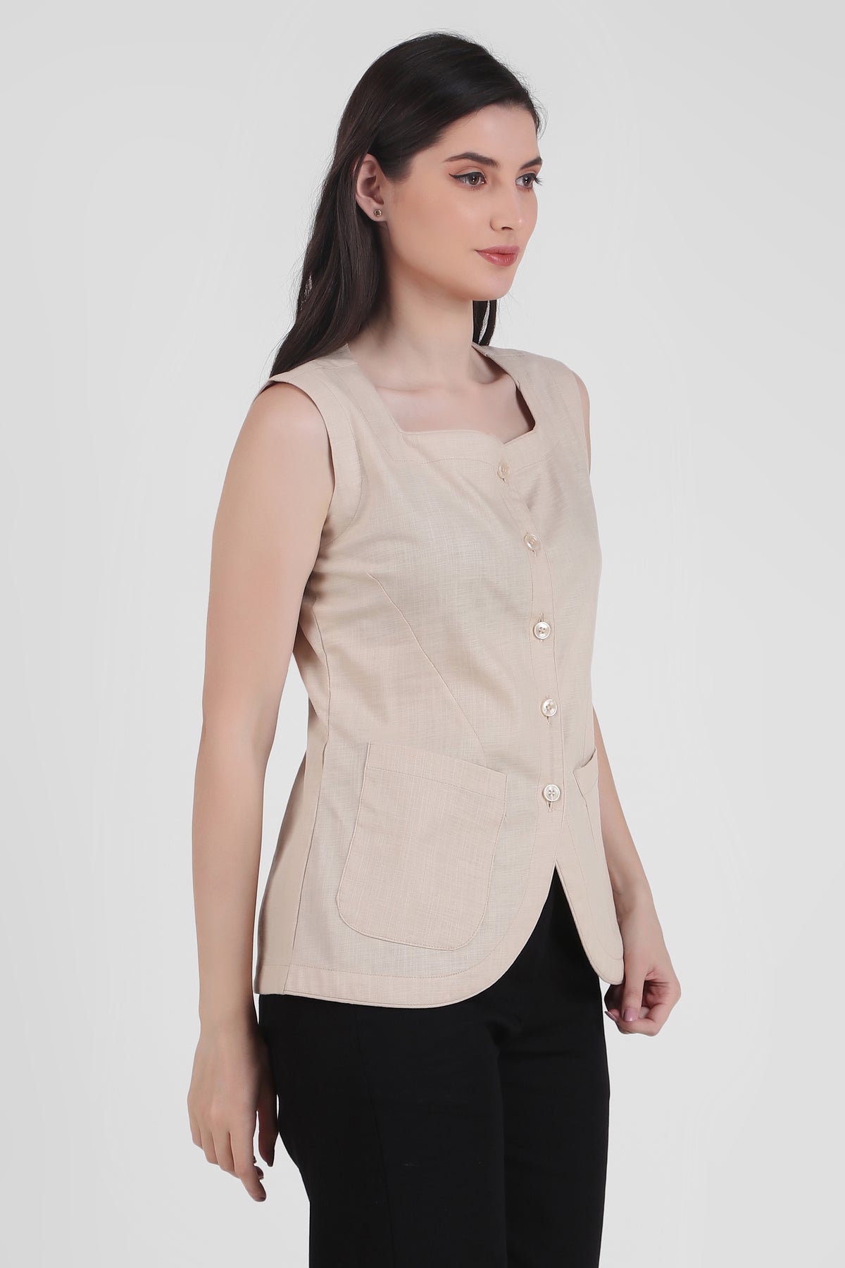 Breathable Linen Blend Vest Button-Up Top, Beige