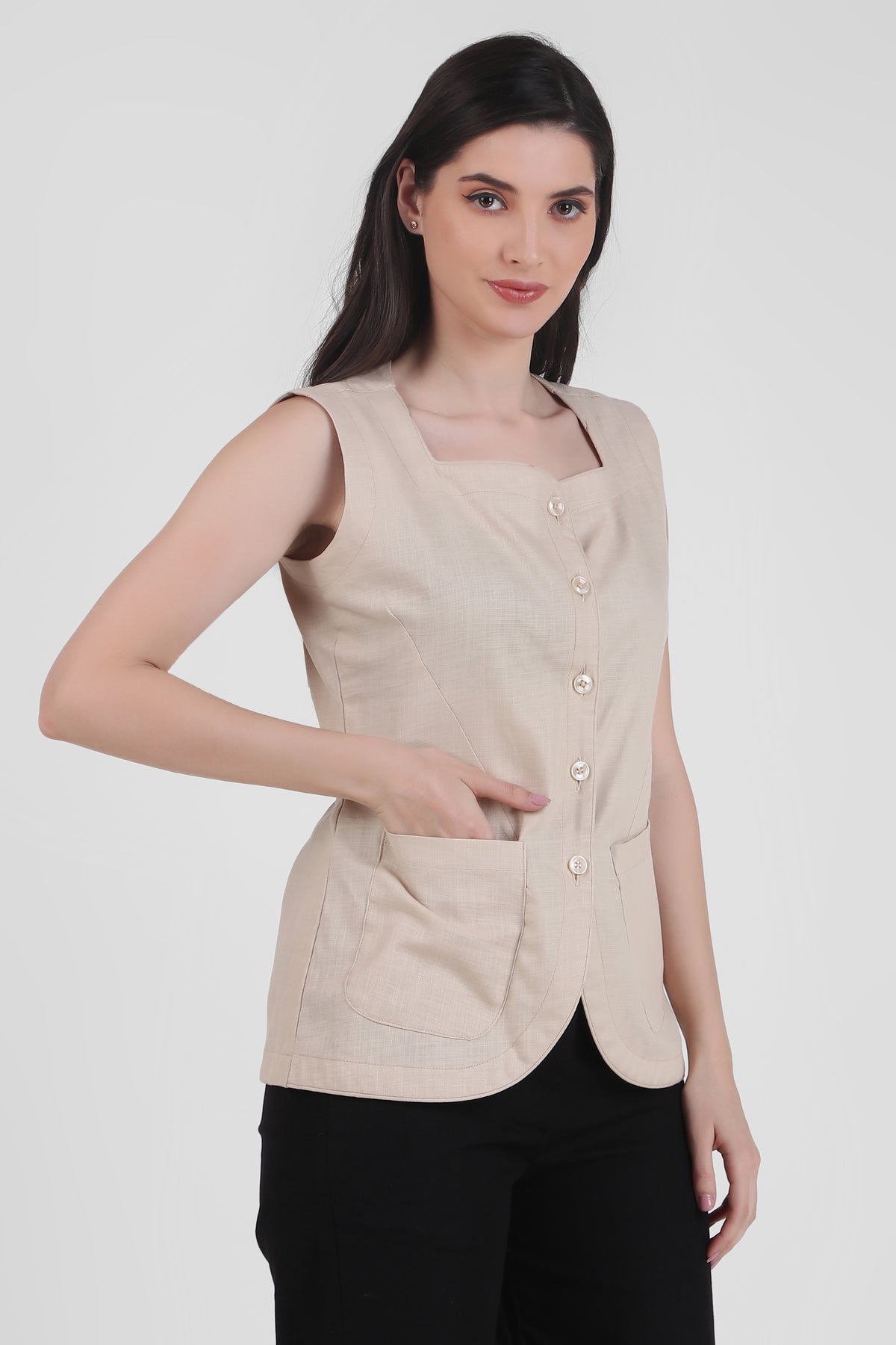 Breathable Linen Blend Vest Button-Up Top, Beige