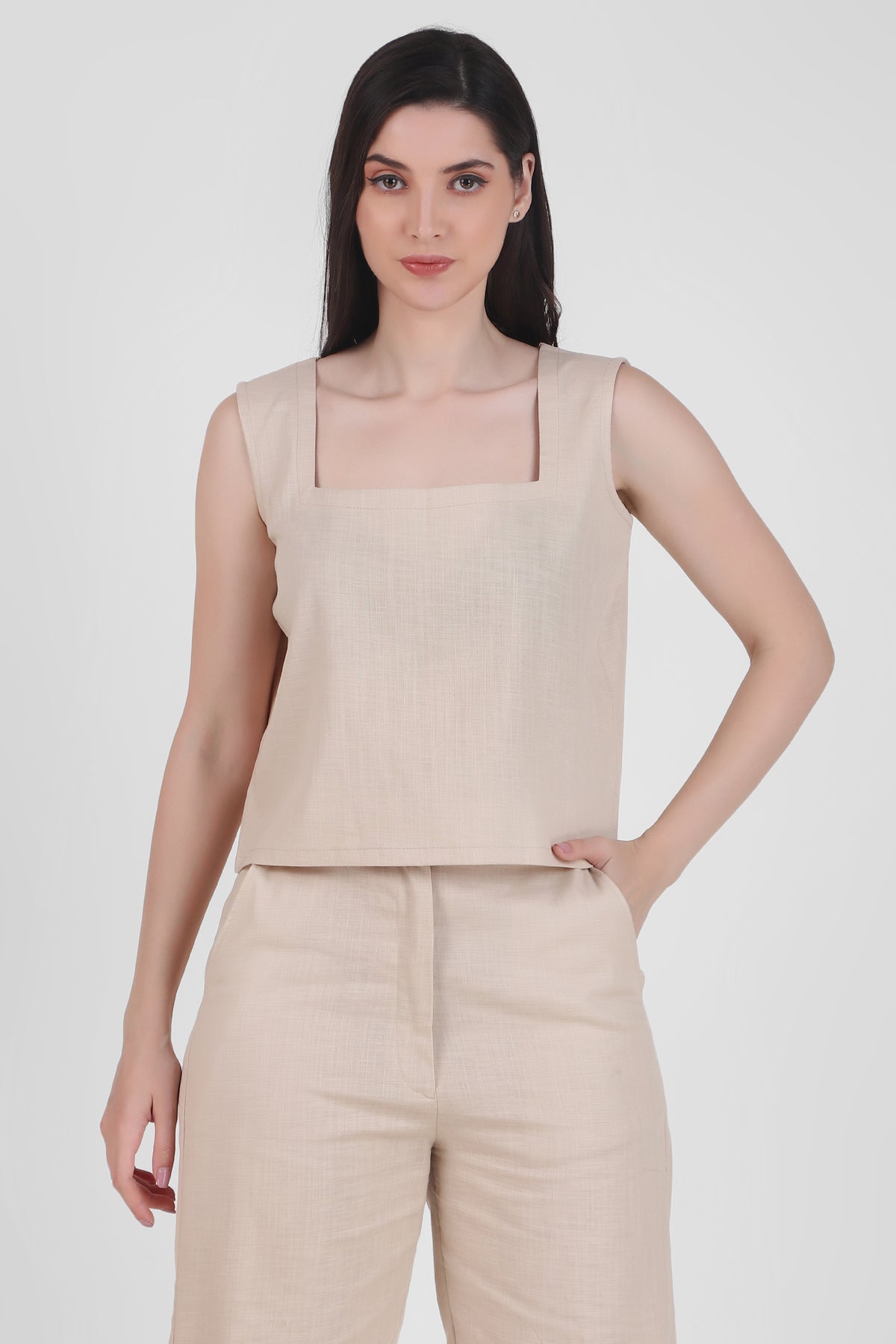 Linen Square Neck Tank, Beige