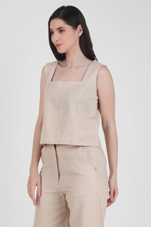 Linen Square Neck Tank, Beige