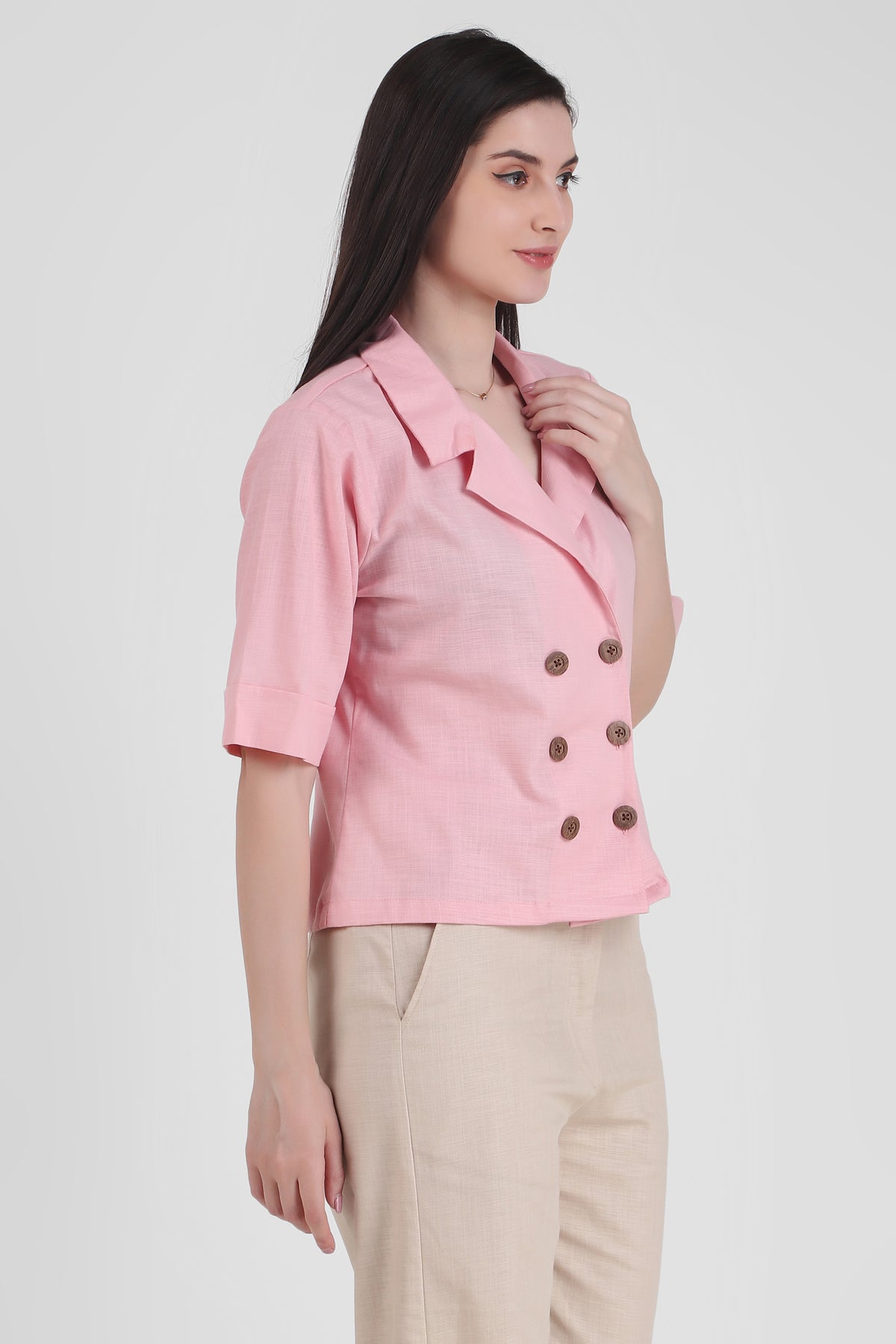 Linen Open Collar Double Breasted Shirt, Pastel Pink