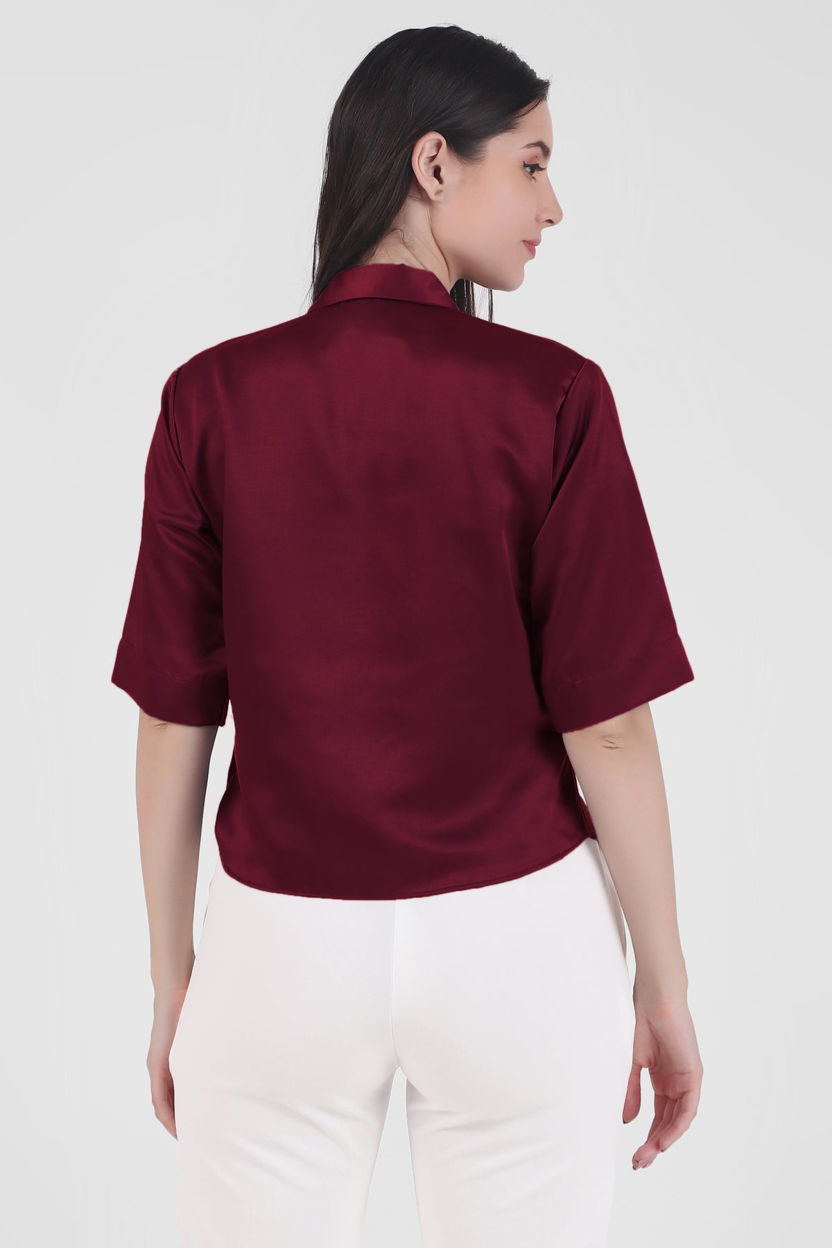 Short Sleeve Satin Shirt, Wine