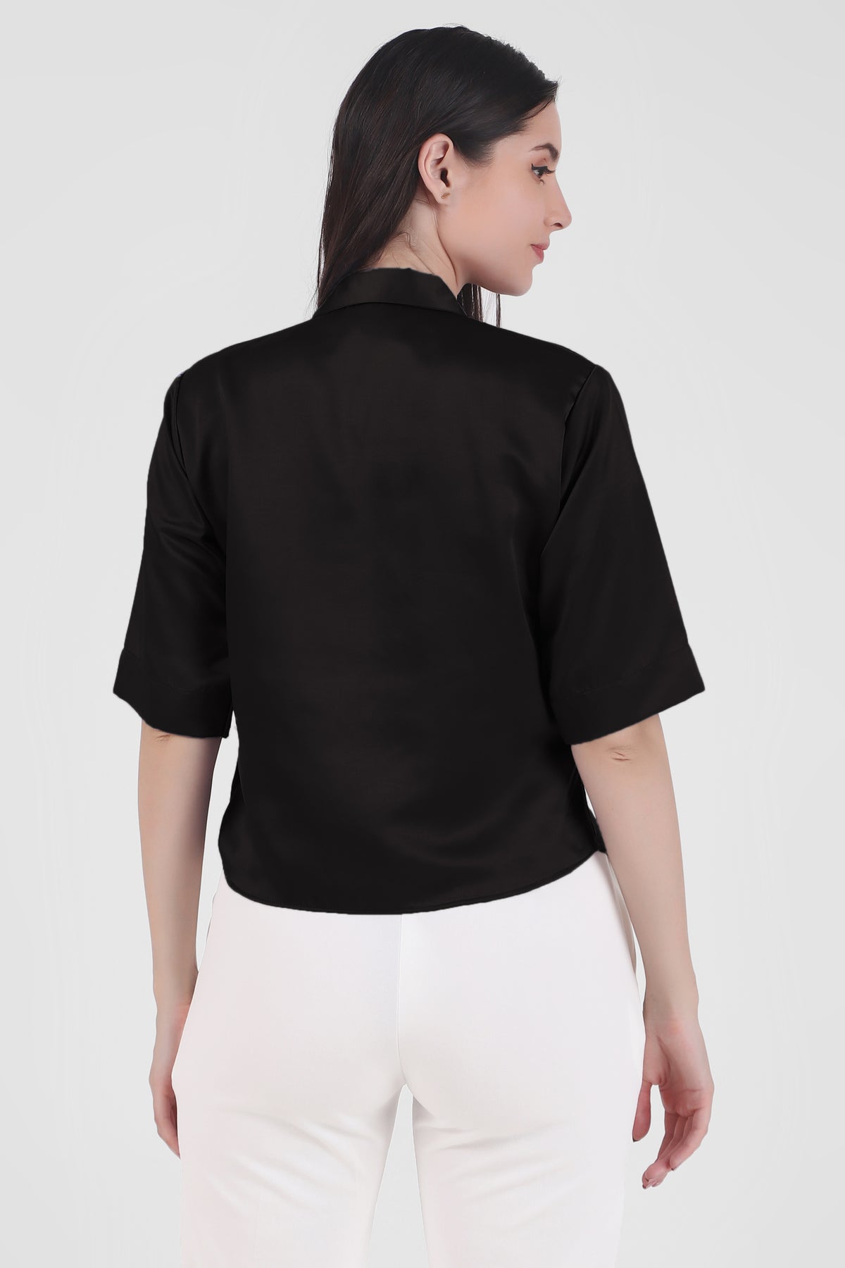 Short Sleeve Satin Shirt, Black