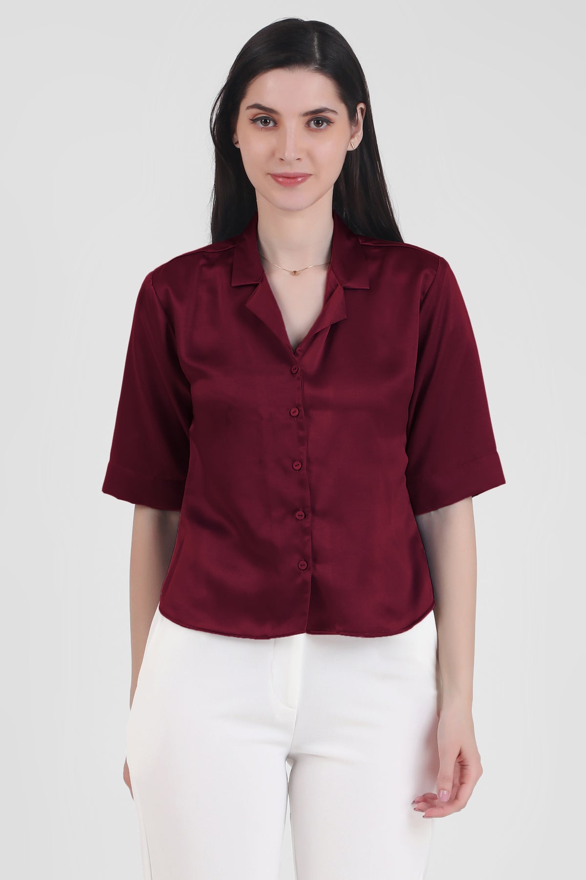 Short Sleeve Satin Shirt, Wine