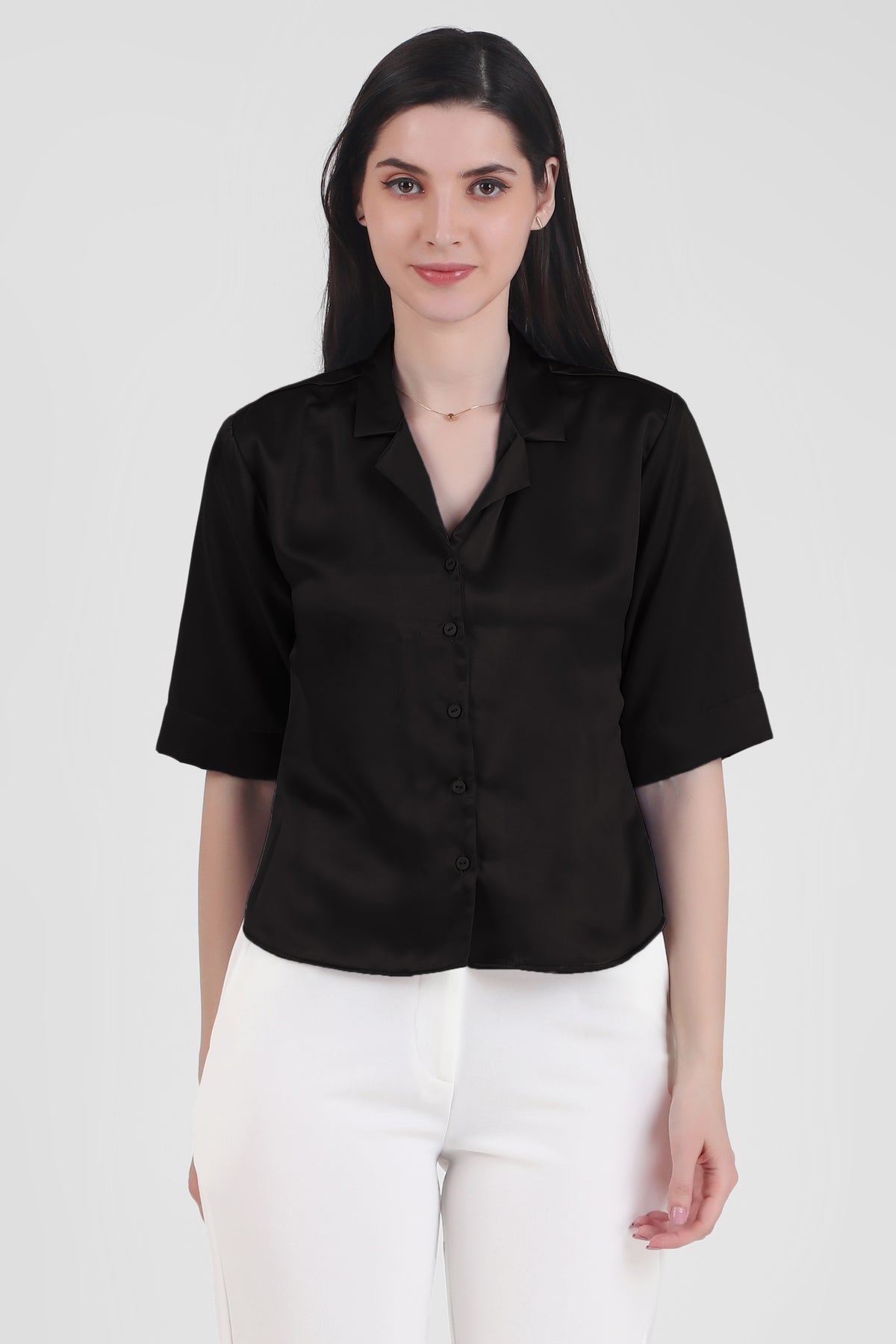 Short Sleeve Satin Shirt, Black