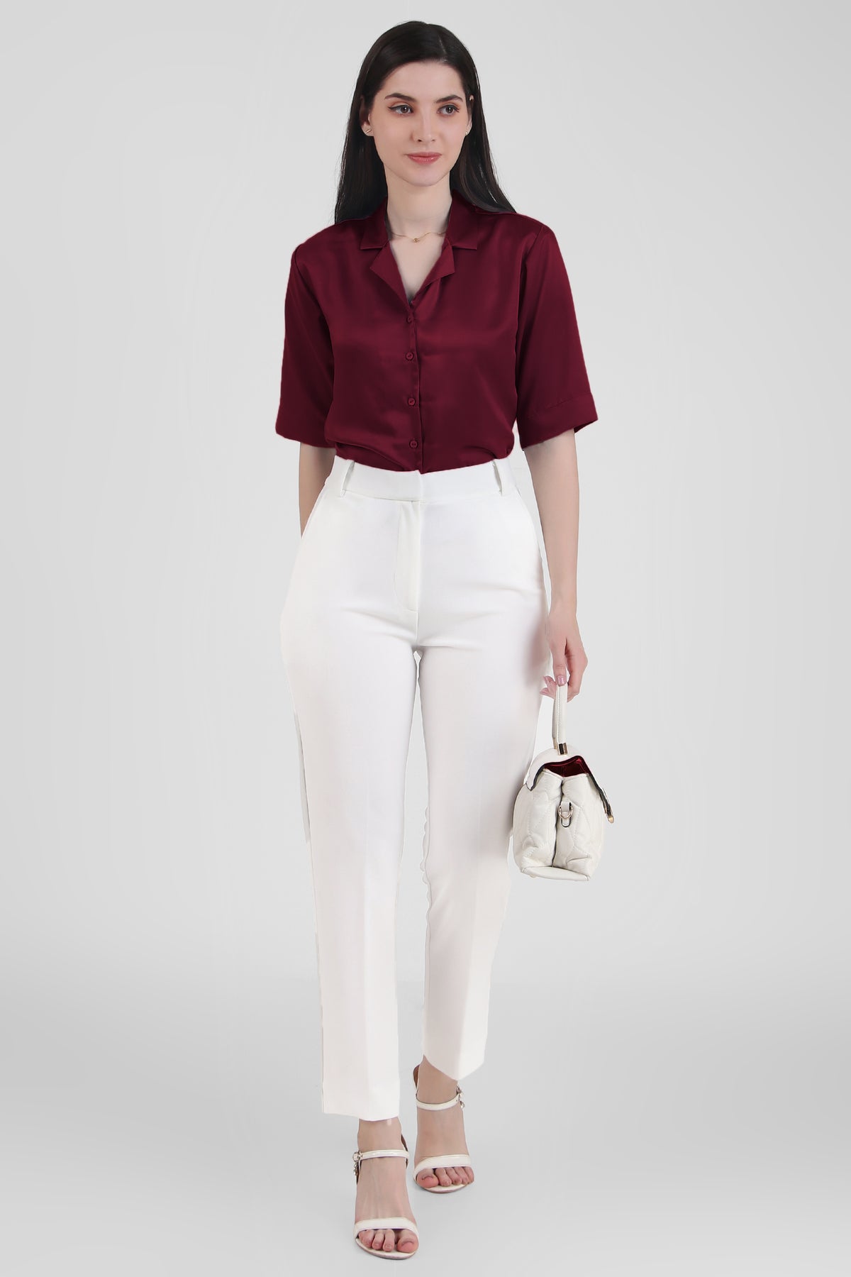 Short Sleeve Satin Shirt, Wine