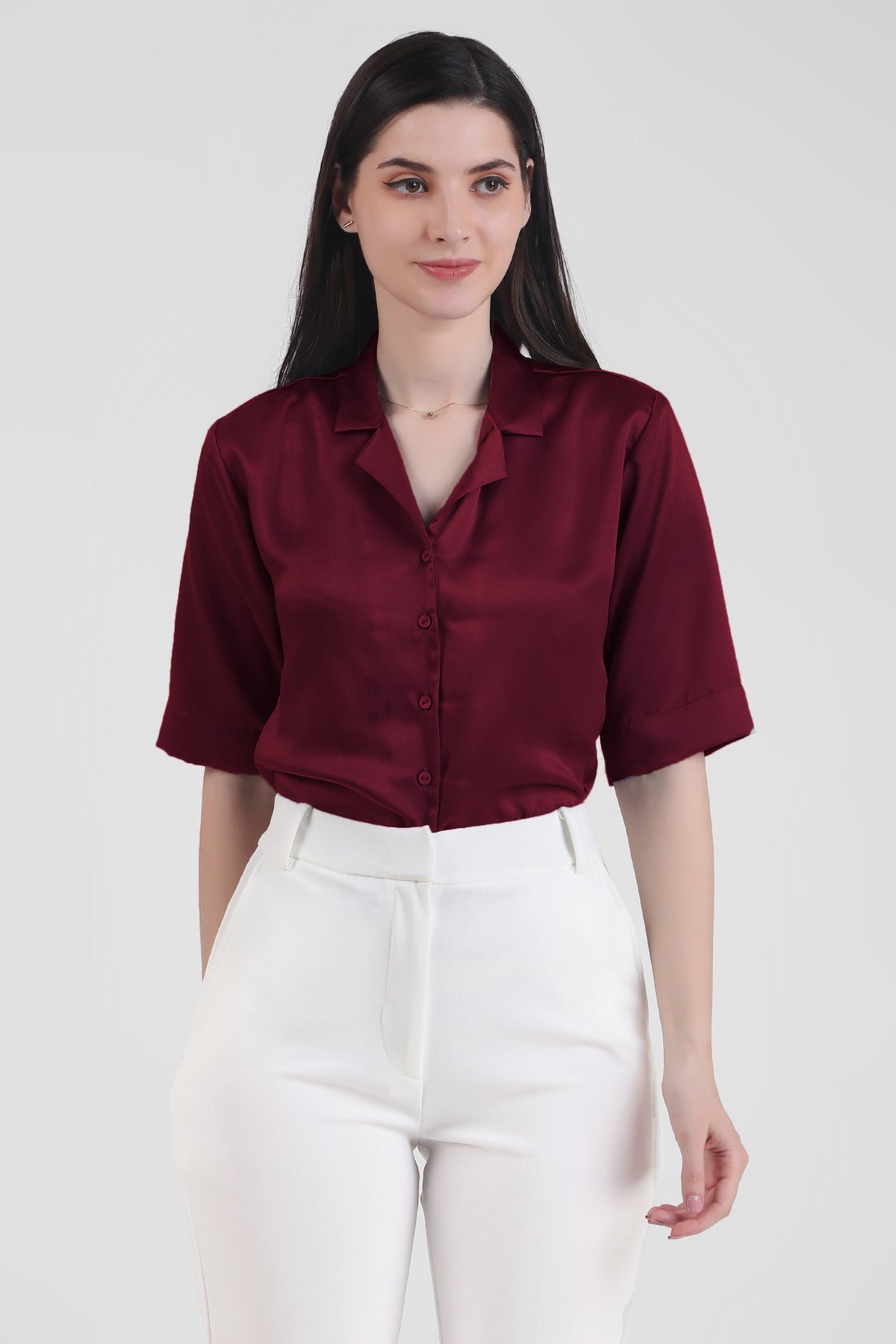 Short Sleeve Satin Shirt, Wine