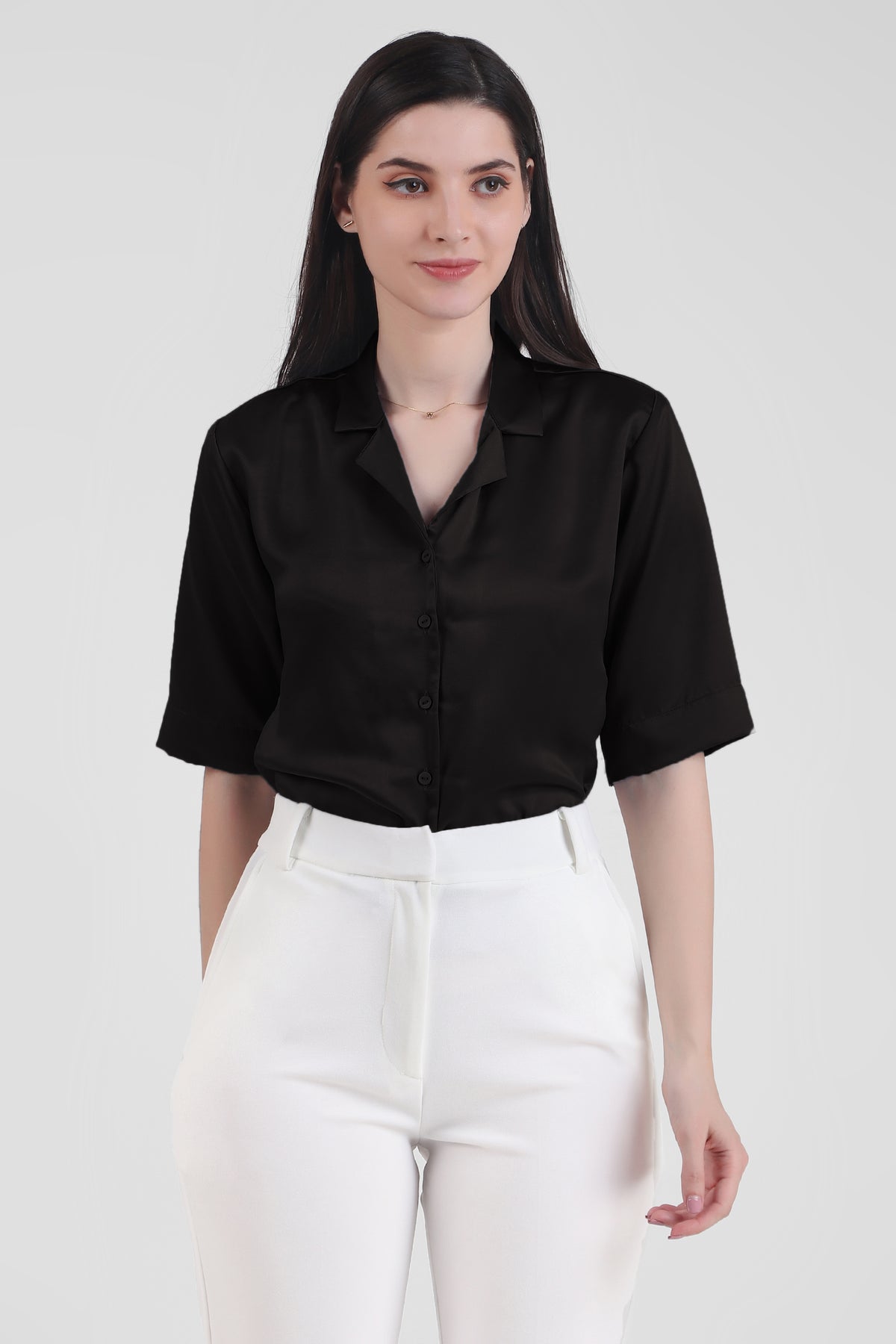 Short Sleeve Satin Shirt, Black