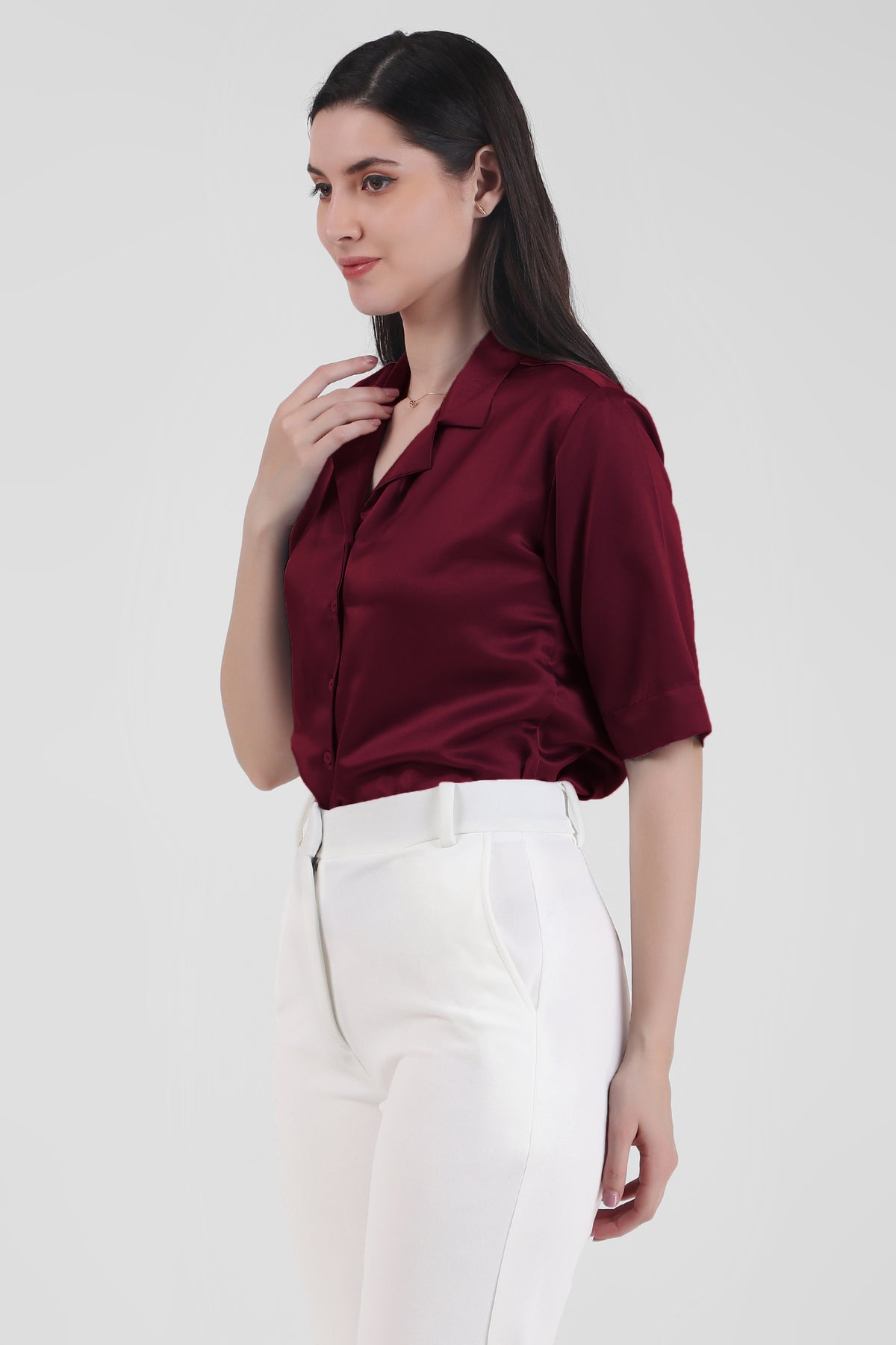 Short Sleeve Satin Shirt, Wine