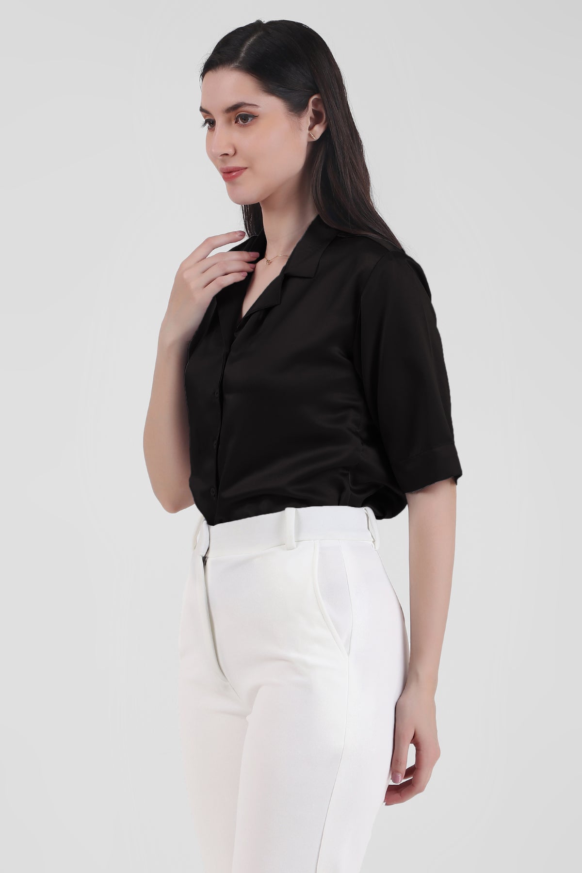 Short Sleeve Satin Shirt, Black