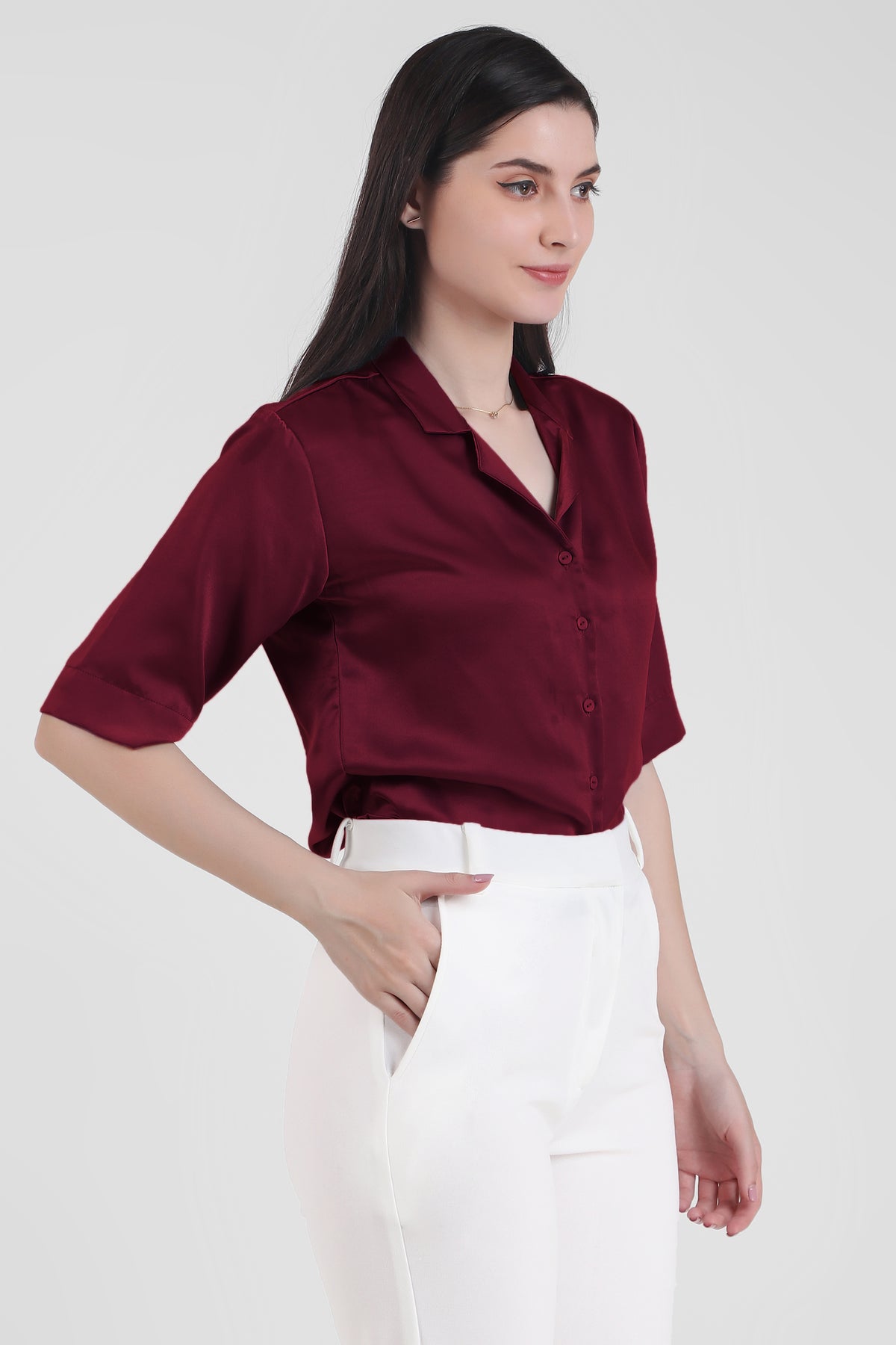 Short Sleeve Satin Shirt, Wine