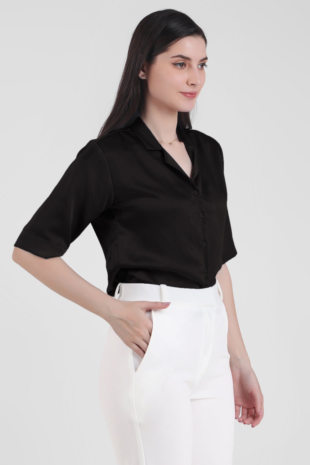 Short Sleeve Satin Shirt, Black