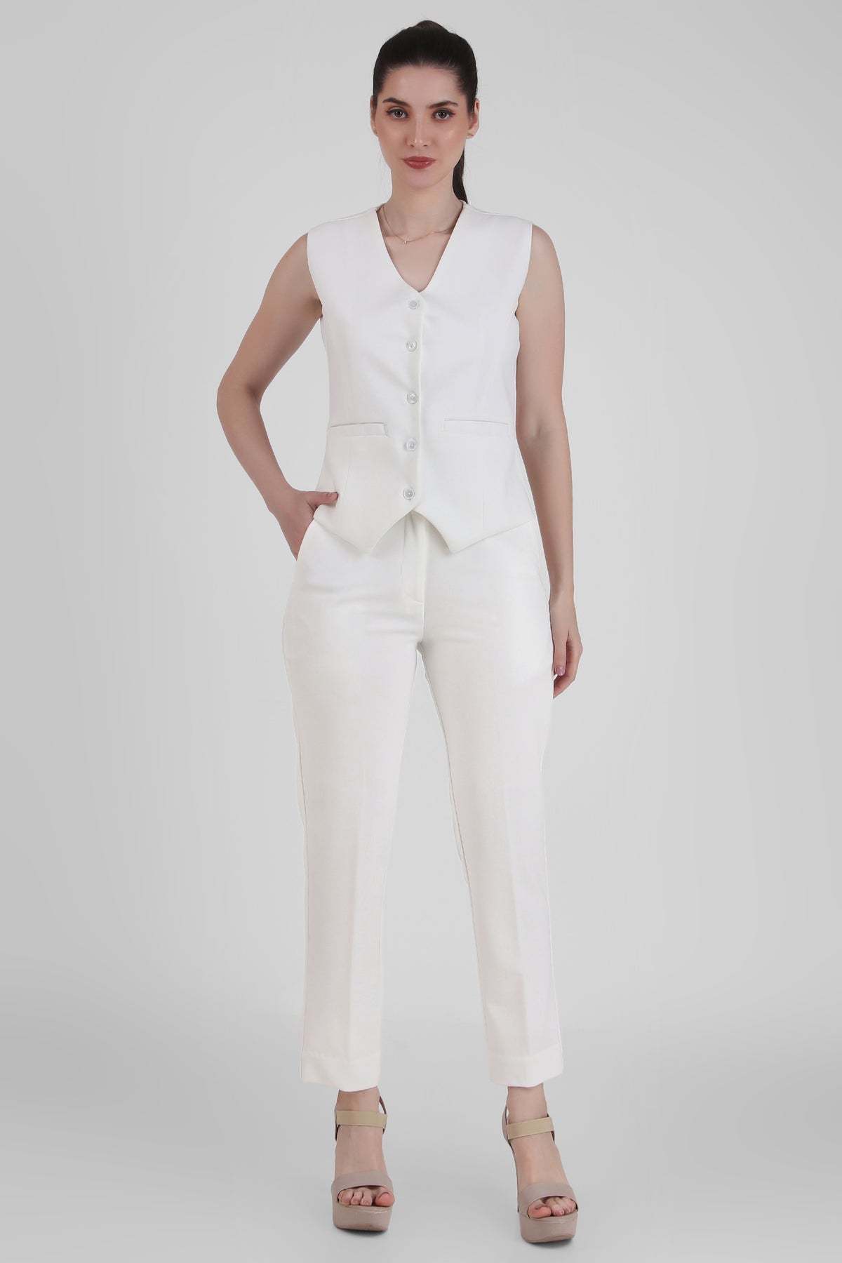 V Neck Tailored Waistcoat, Ivory