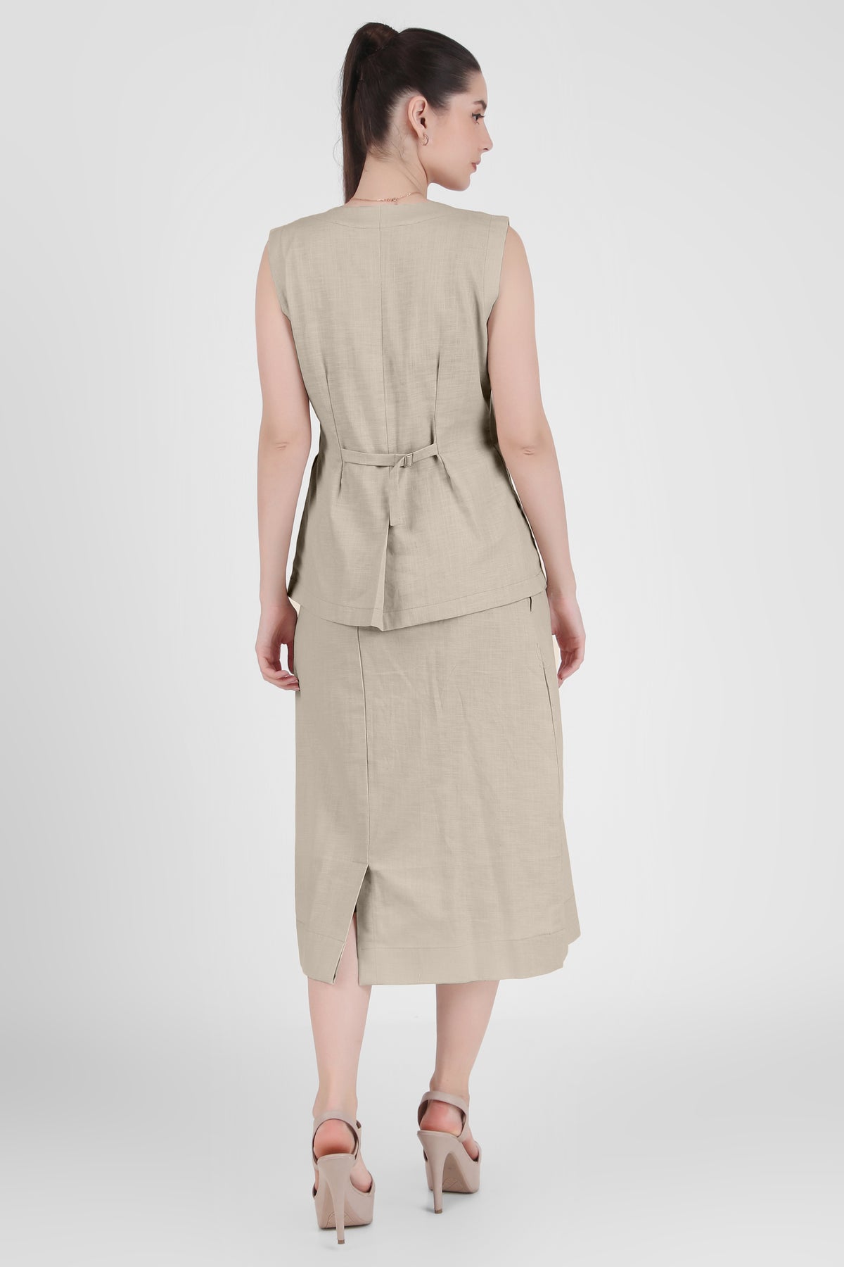 Linen Blend Skirt with Vest Style Top, Beige