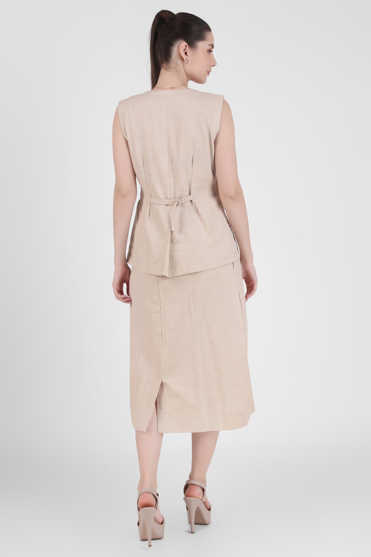 Linen Blend Skirt with Vest Style Top, Beige