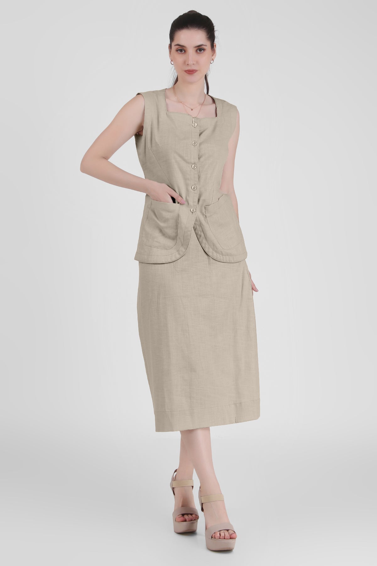 Linen Blend Skirt with Vest Style Top, Beige