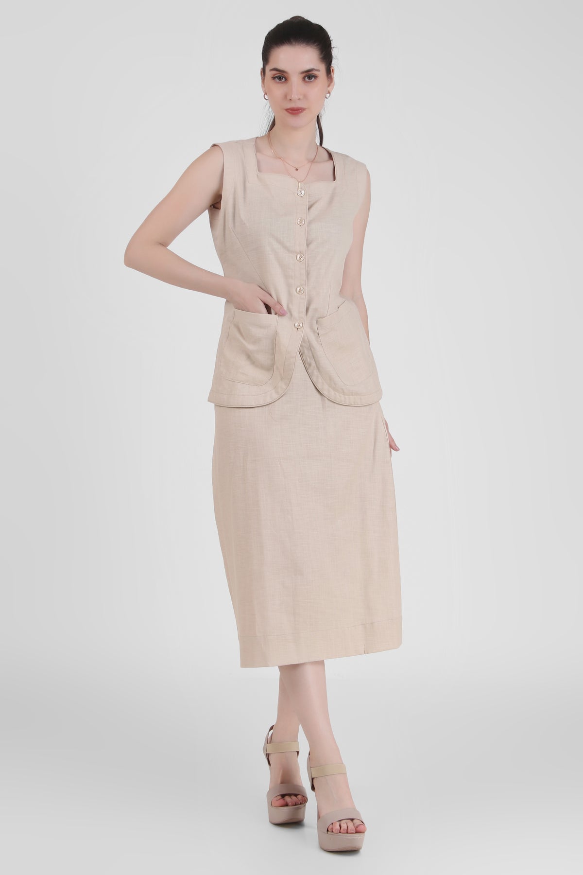 Linen Blend Skirt with Vest Style Top, Beige