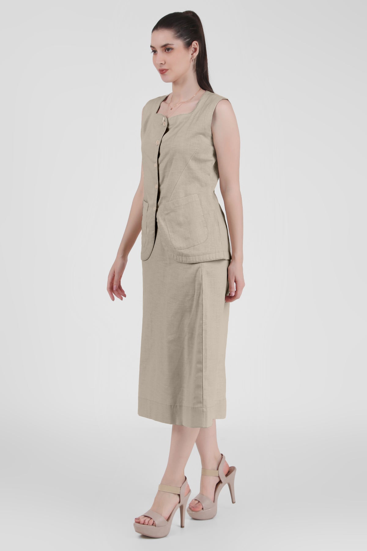 Linen Blend Skirt with Vest Style Top, Beige