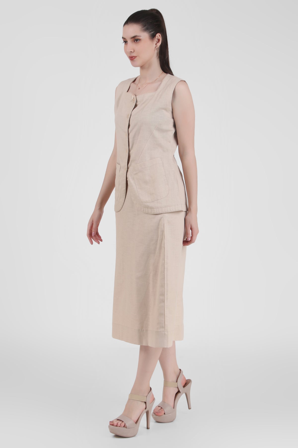 Linen Blend Skirt with Vest Style Top, Beige