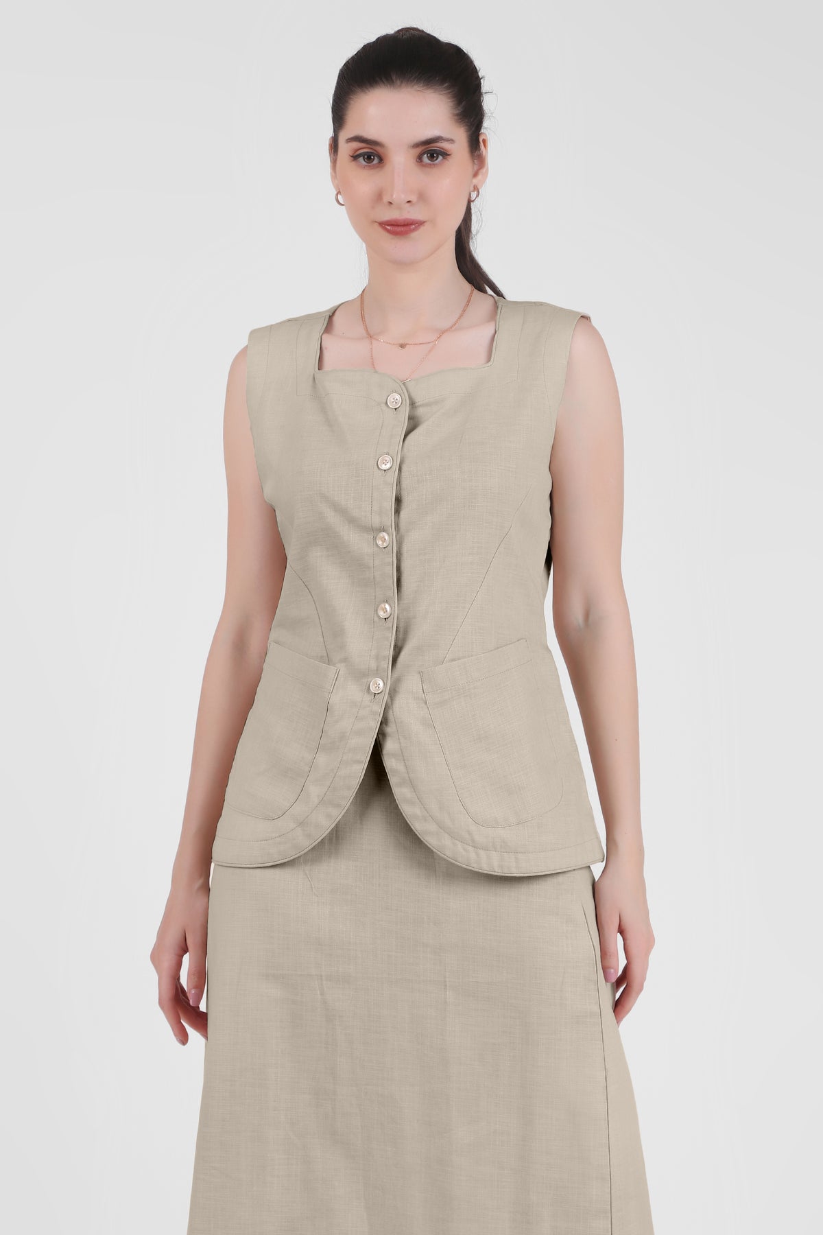 Linen Blend Skirt with Vest Style Top, Beige