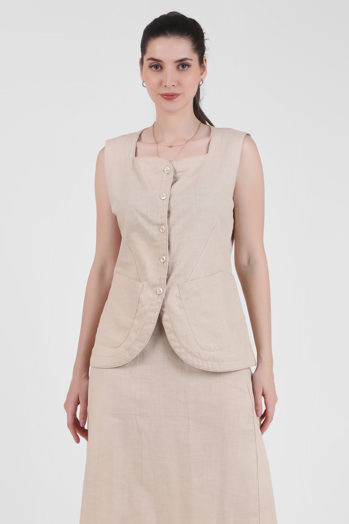 Linen Blend Skirt with Vest Style Top, Beige