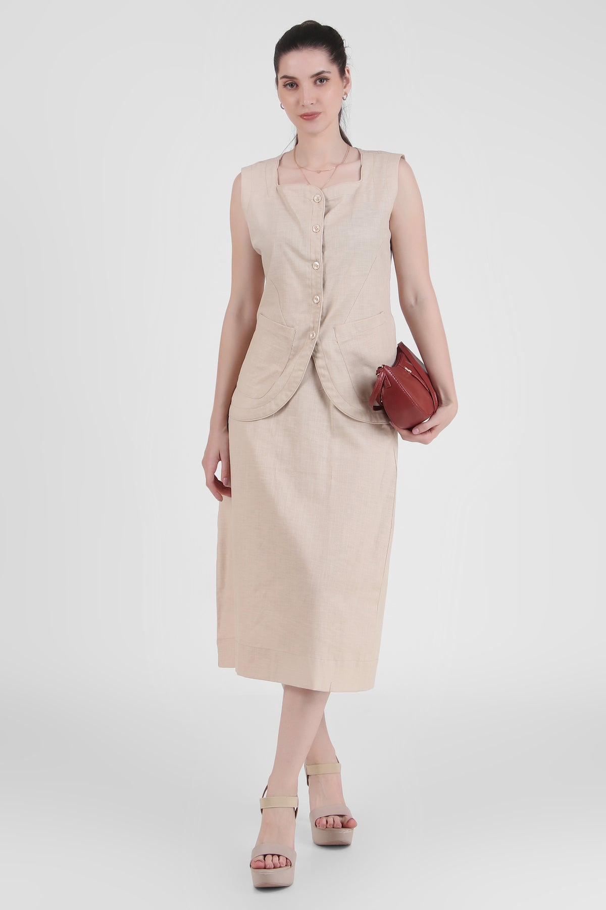 Linen Blend Skirt with Vest Style Top, Beige