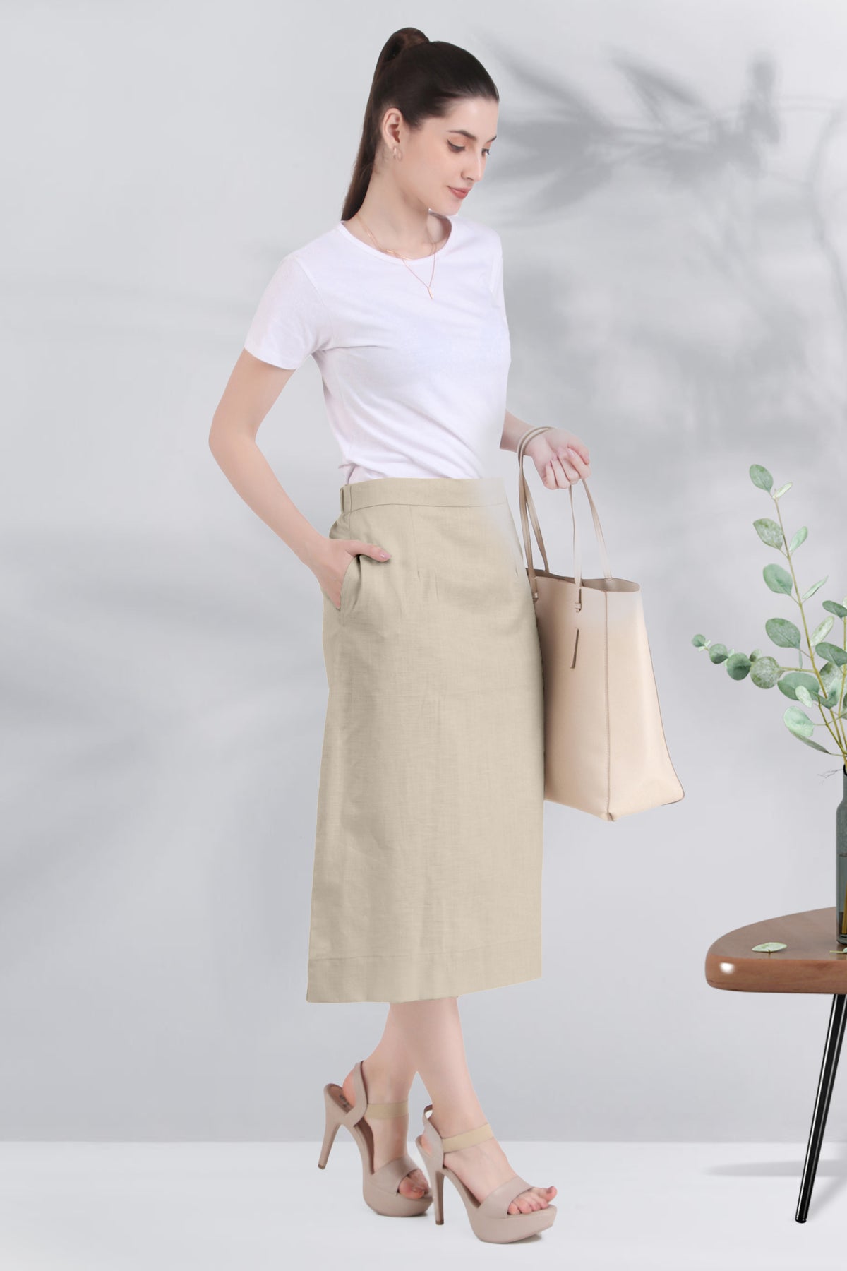 Elegant Linen Blend Midi Skirt, Beige