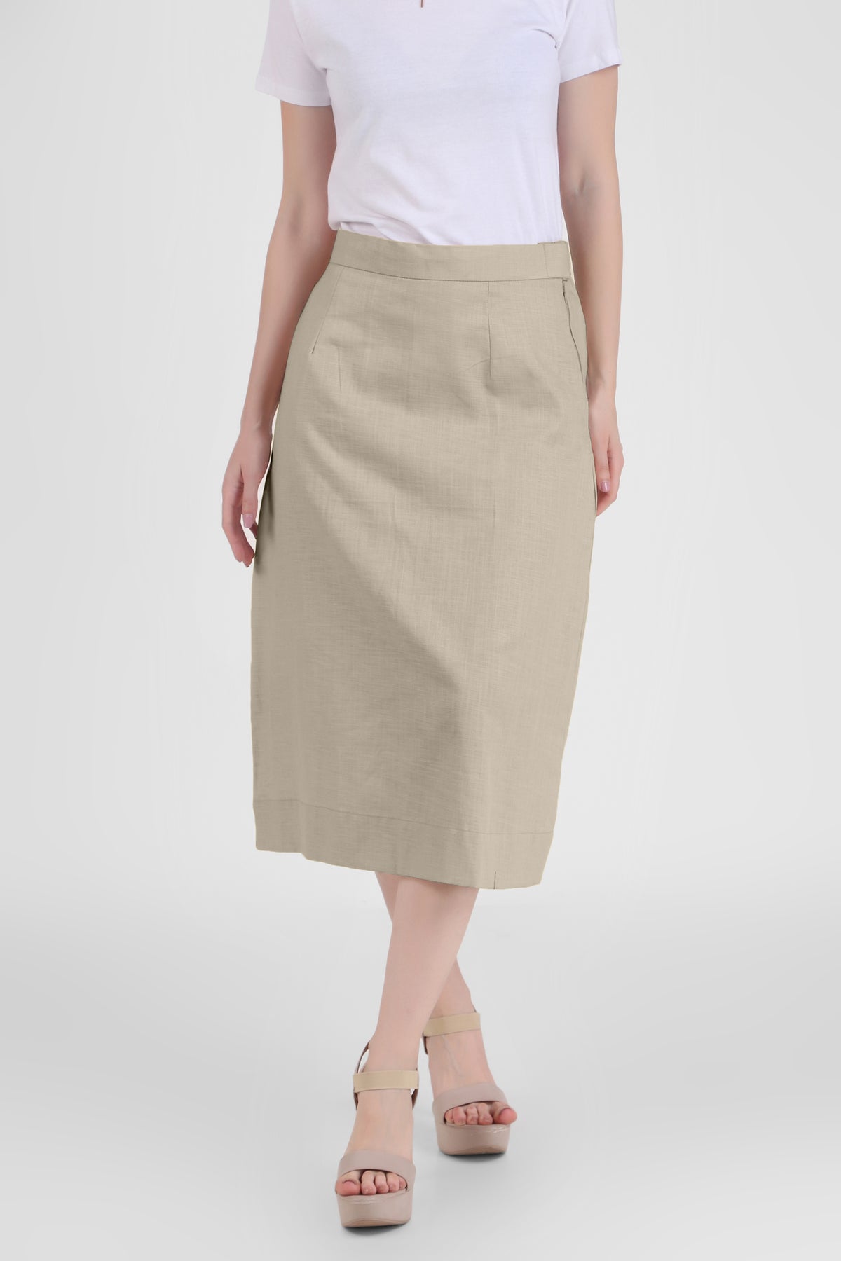 Elegant Linen Blend Midi Skirt, Beige