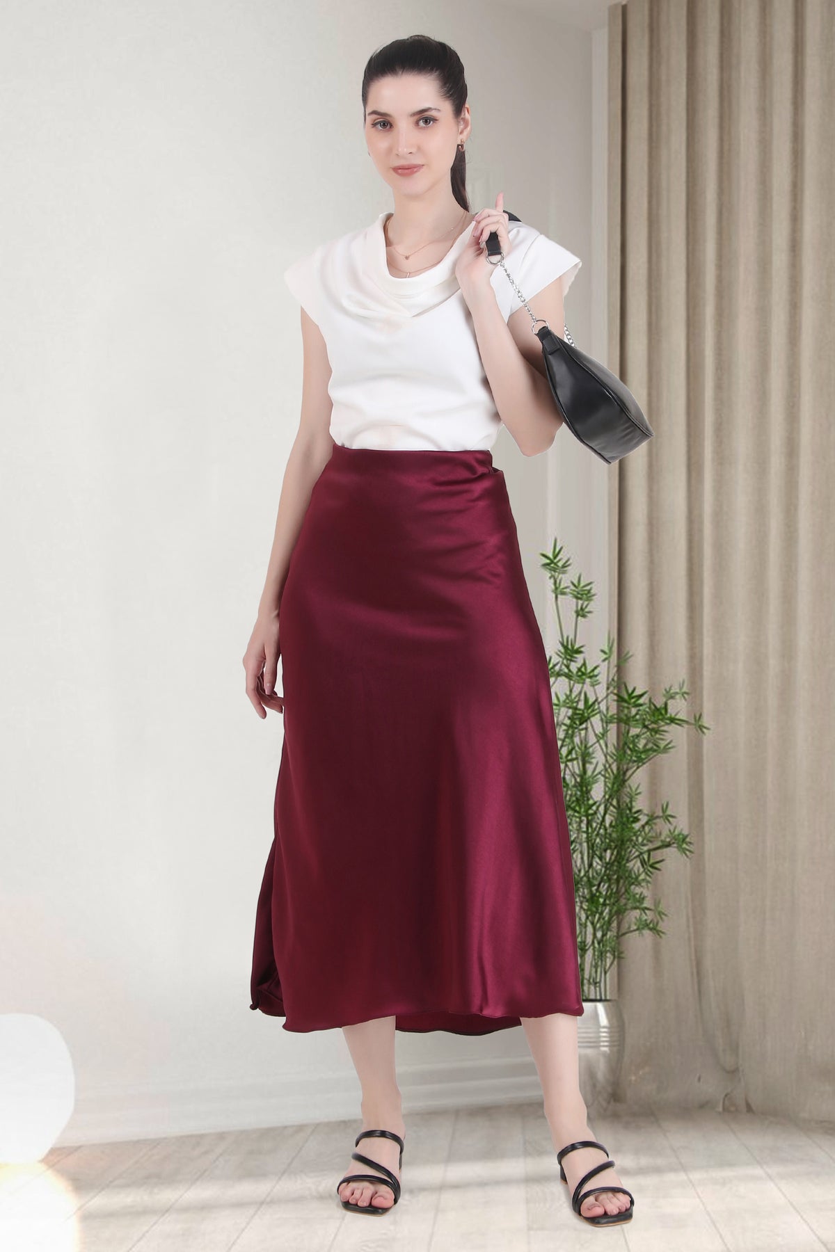 Satin Midi Skirt, Wine