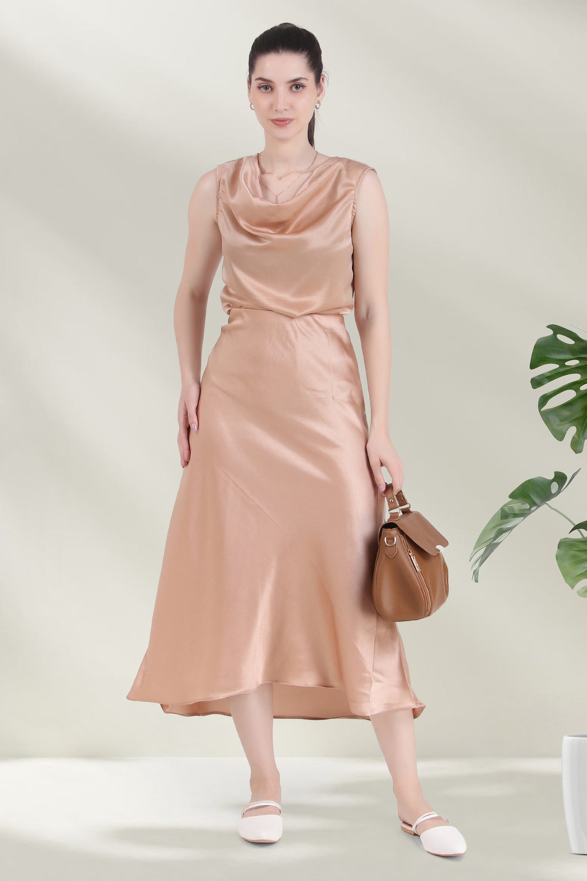 Satin Midi Skirt, Hazelnut