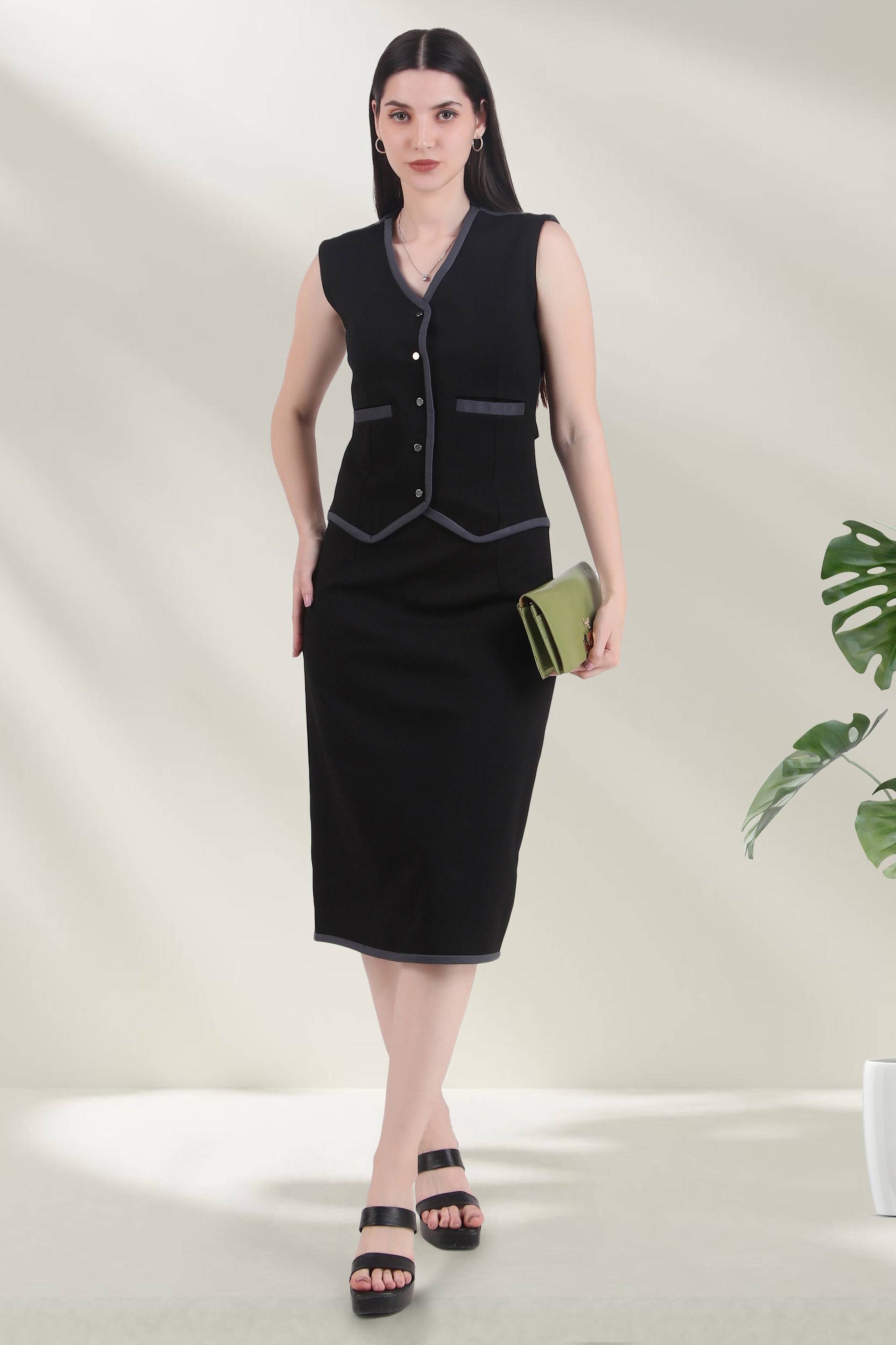 Tailored Vest Pencil Midi Dress – Charcoal Threads