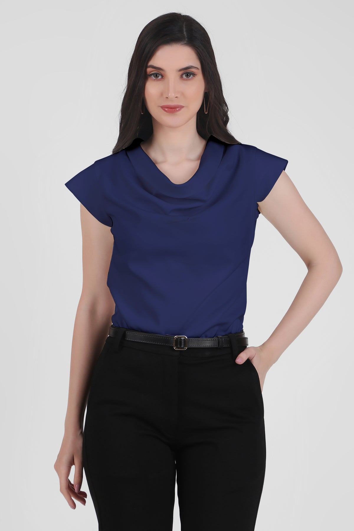 Timeless Draped Neck Top, Midnight Blue