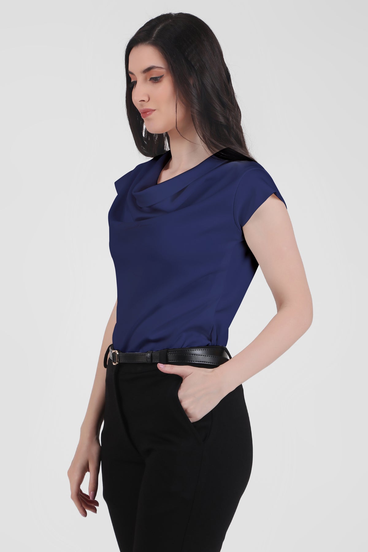 Timeless Draped Neck Top, Midnight Blue