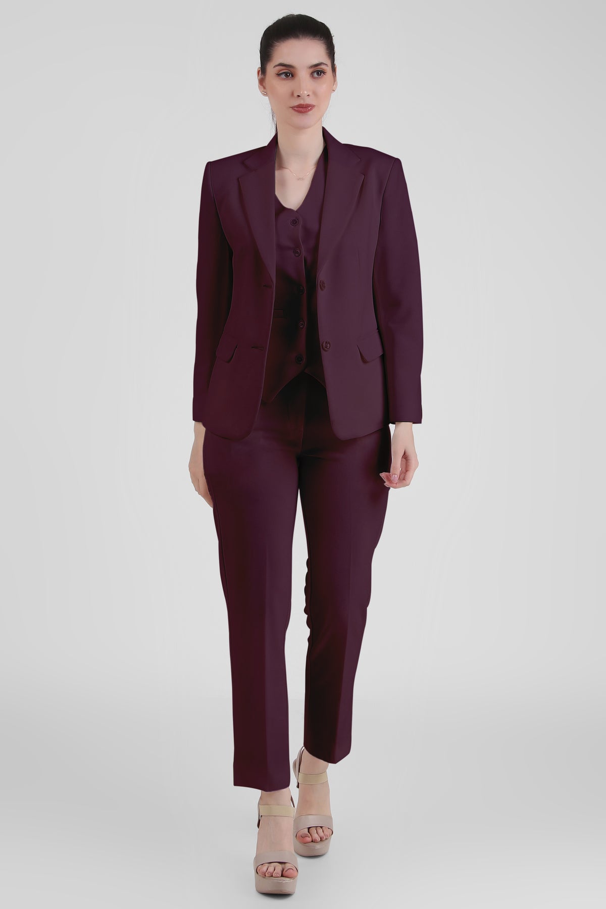 Power : 3 Piece Suit Set : Waistcoat Blazer Pant in Plum