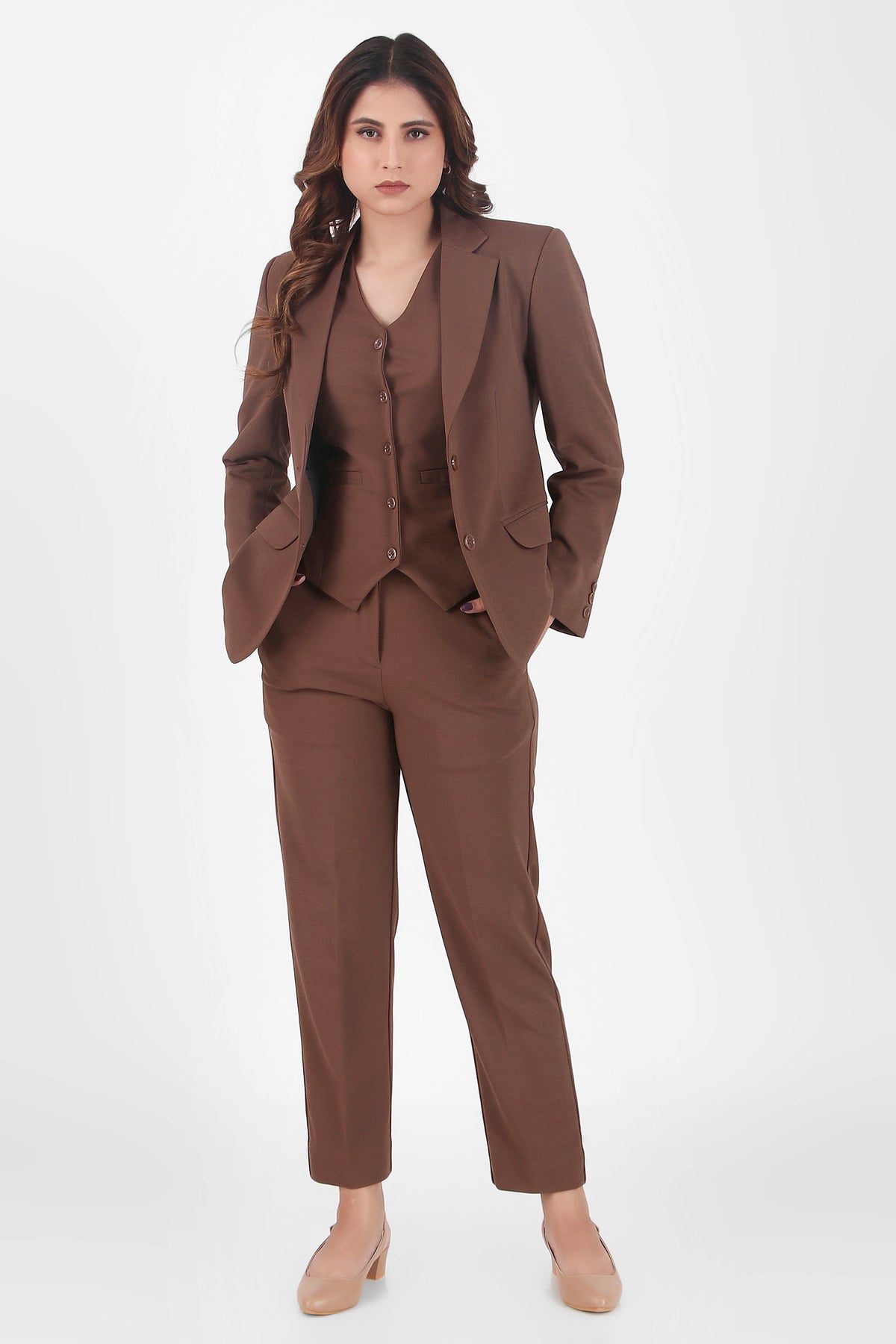 Stretch Crepe Single Breasted Blazer, Brown