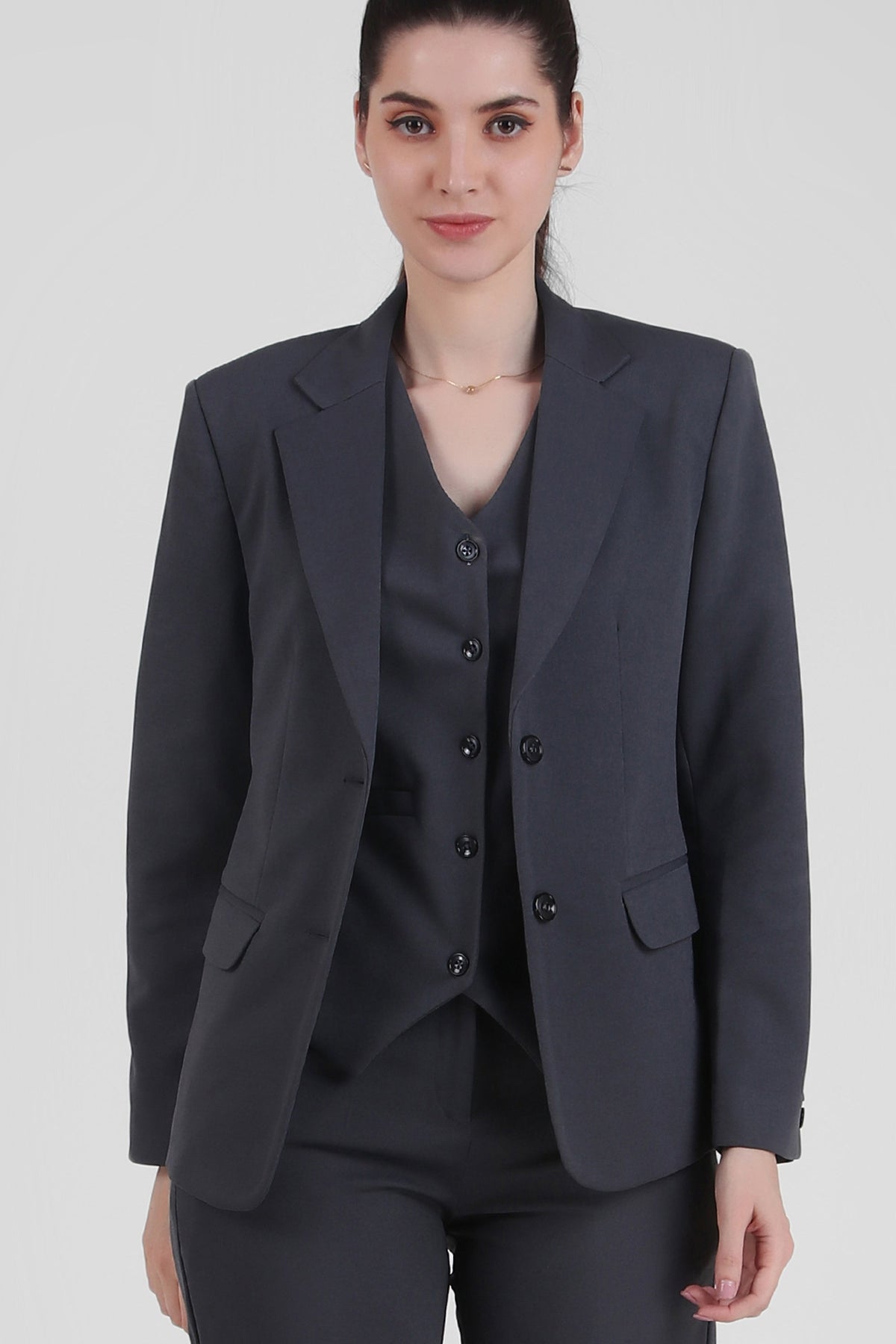 Stretch Crepe Single Breasted Blazer, Bluish Gray