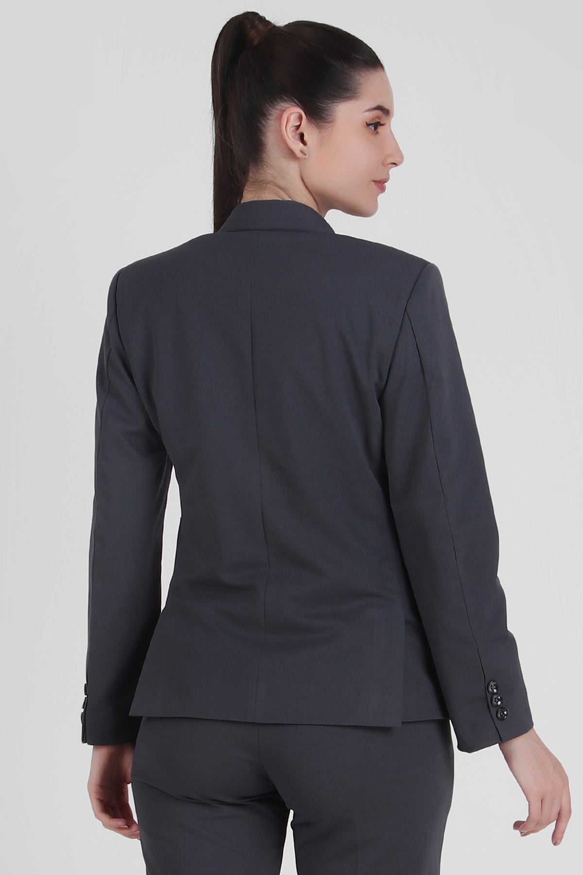 Stretch Crepe Single Breasted Blazer, Bluish Gray